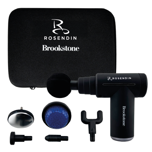 A massage gun set including a massage gun, carrying case, two interchangeable massage heads, a power adapter, and a charging cable.