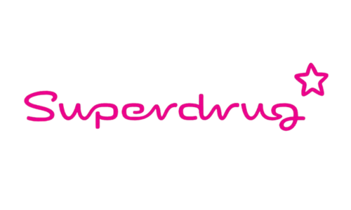 The word 'Superdrug' written in pink script with a pink star above the letter 'g'.