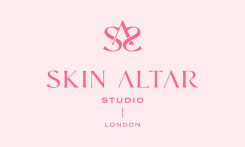 Pink background with a logo and text for Skin Altar Studio London.