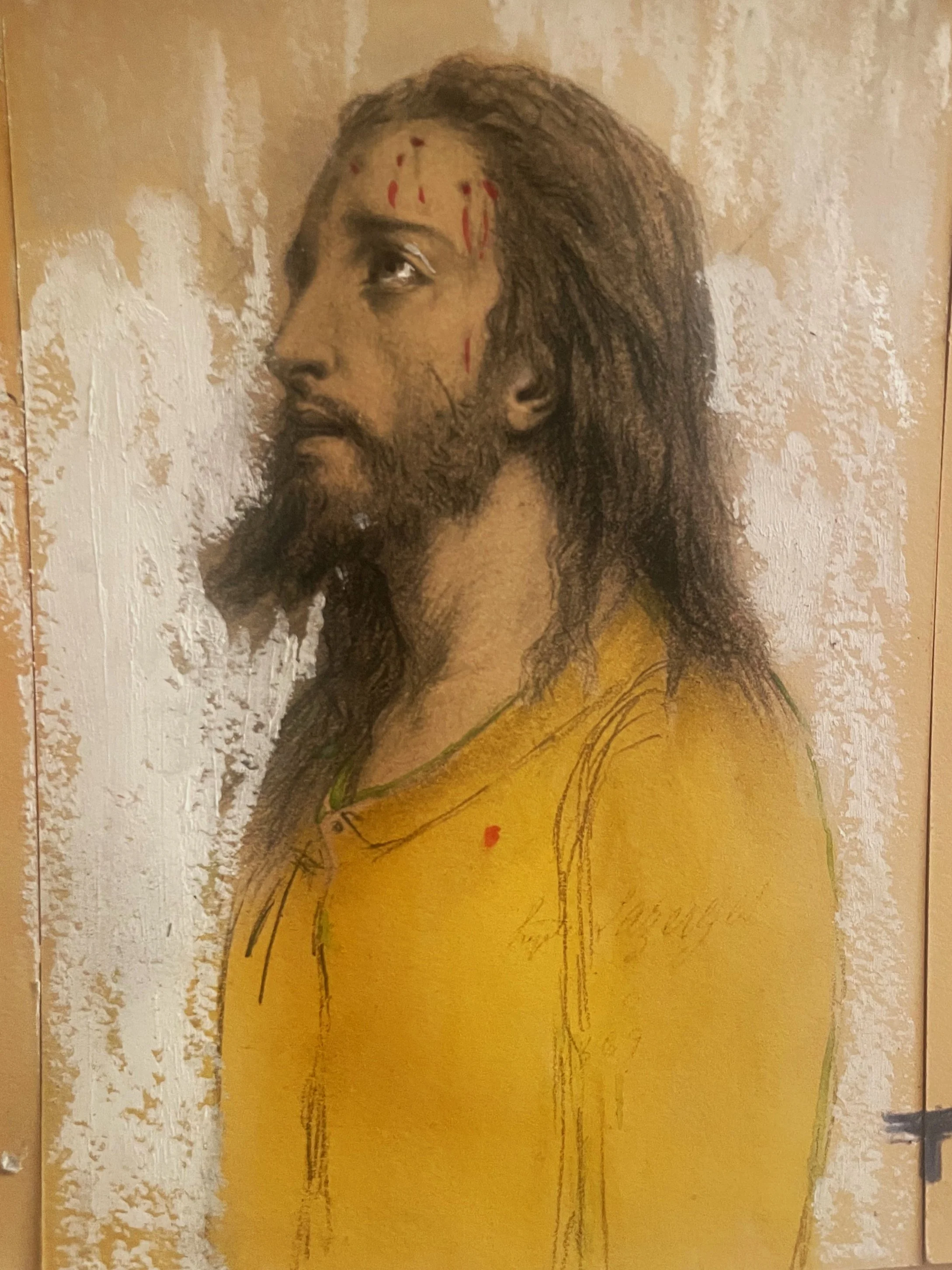 Heaven and hell, détail, (Hyppolyte Lazerges) série cartes postales retravaillées,  aquarelle, mine, pastel    6" x 27.5" , 2022