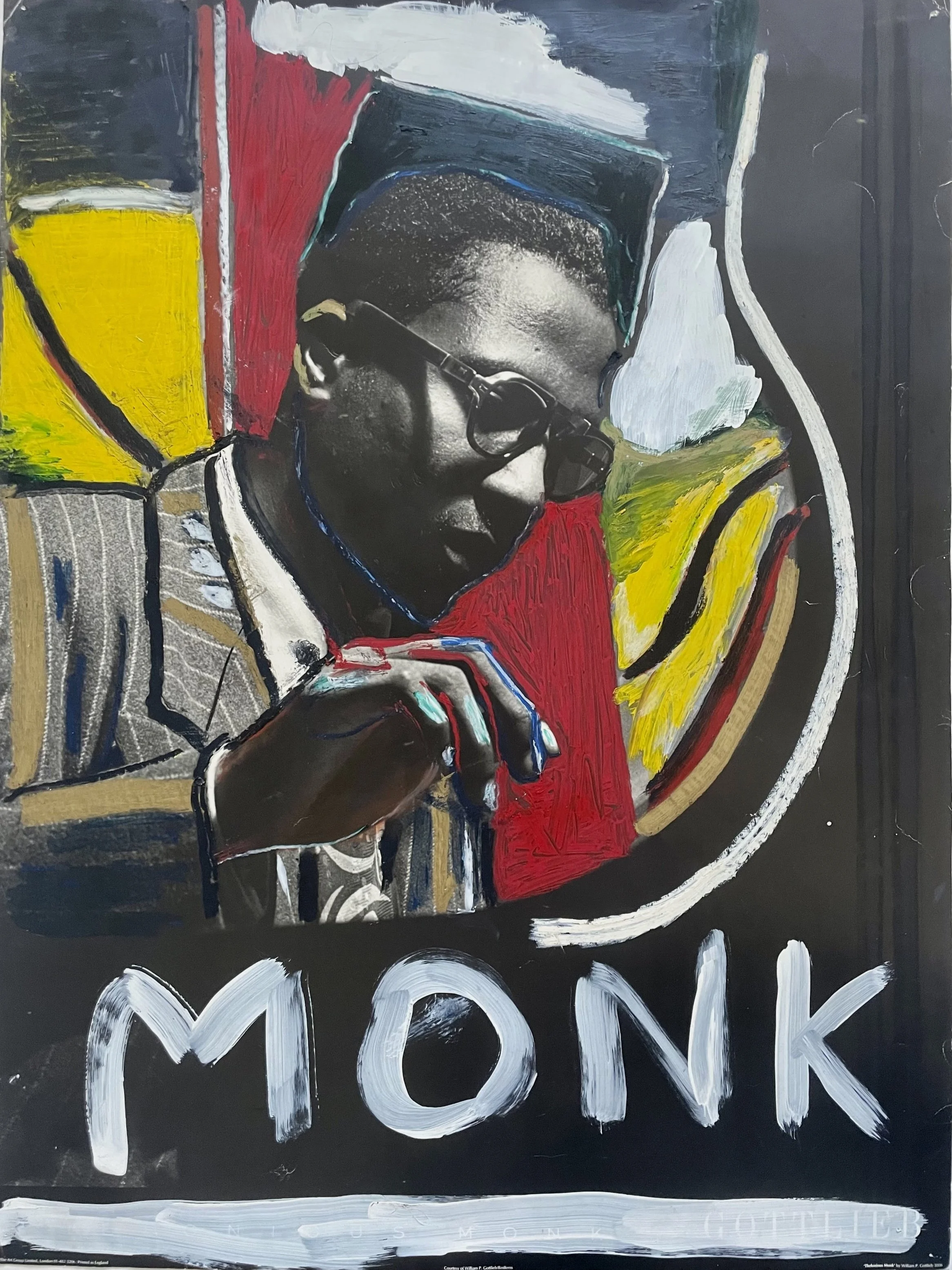 Monk, affiche retravaillée, batons à l'huile, gesso, huile, 24" x 32", 1997