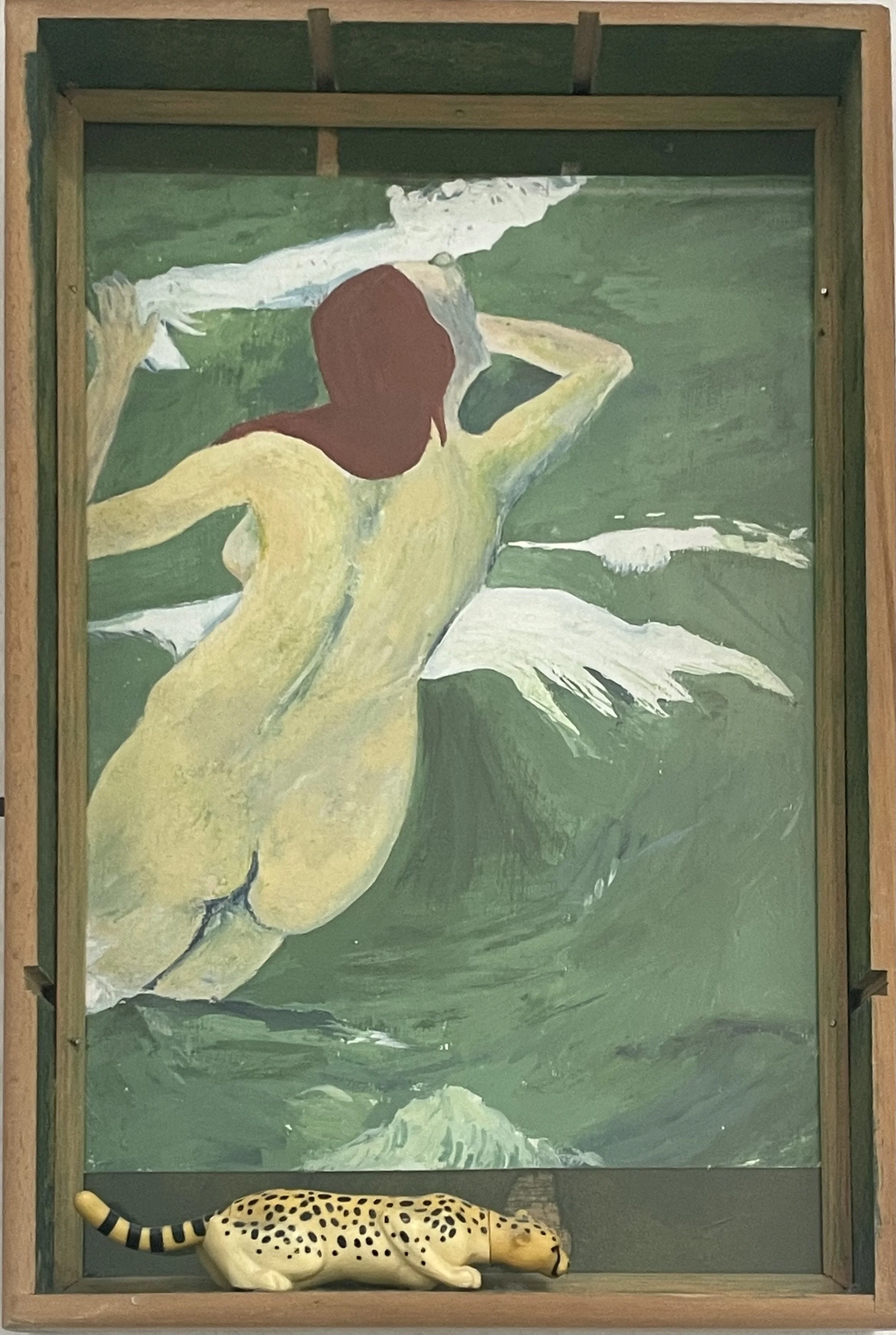 Baigneuse (Gauguin),  Huile sur carton,  figurine félin, 9,5" x 14,5", 1996