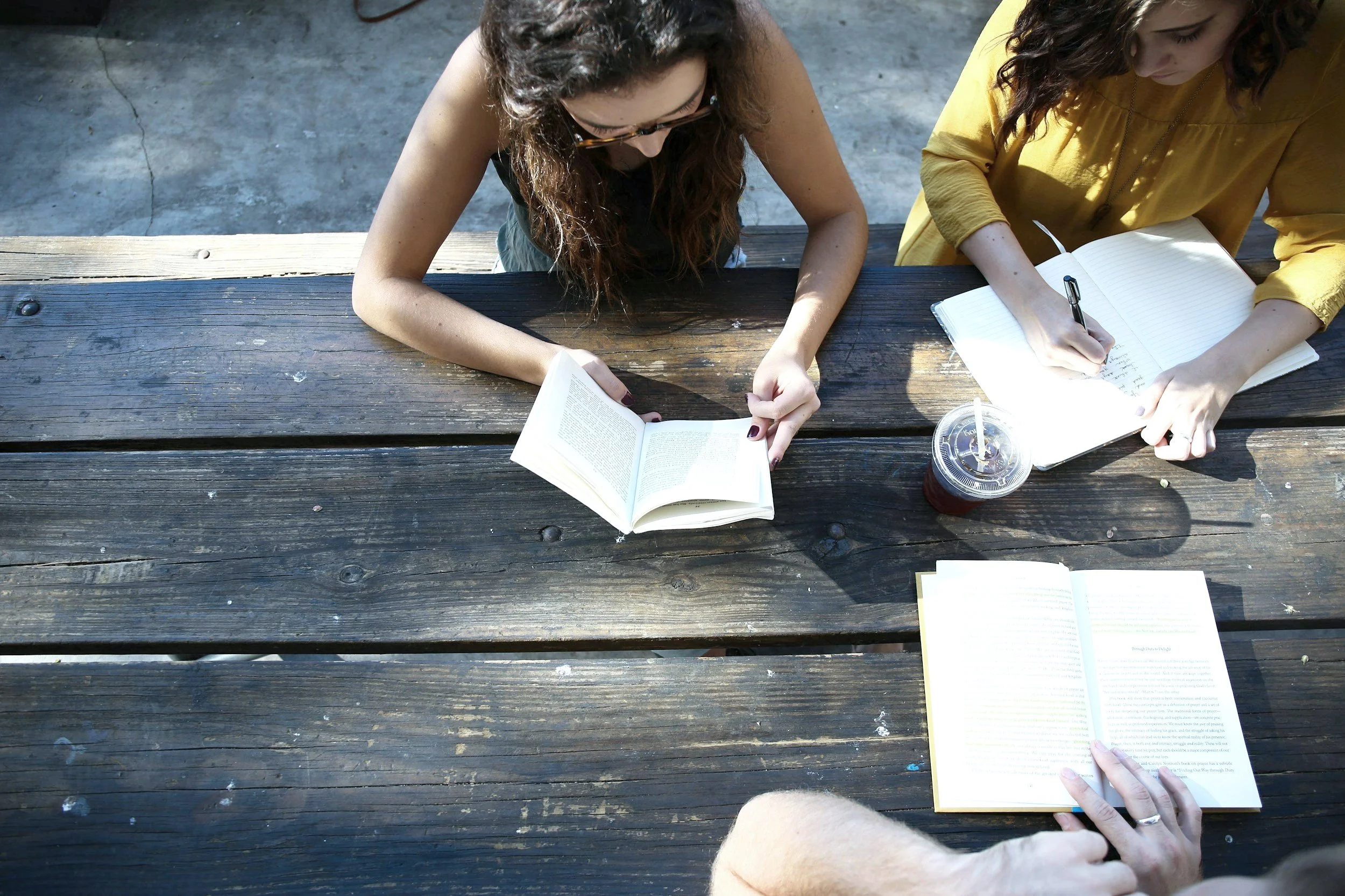 Two women sitting at a wooden picnic table, reading books and taking notes in notebooks on a sunny day, with drinks nearby.