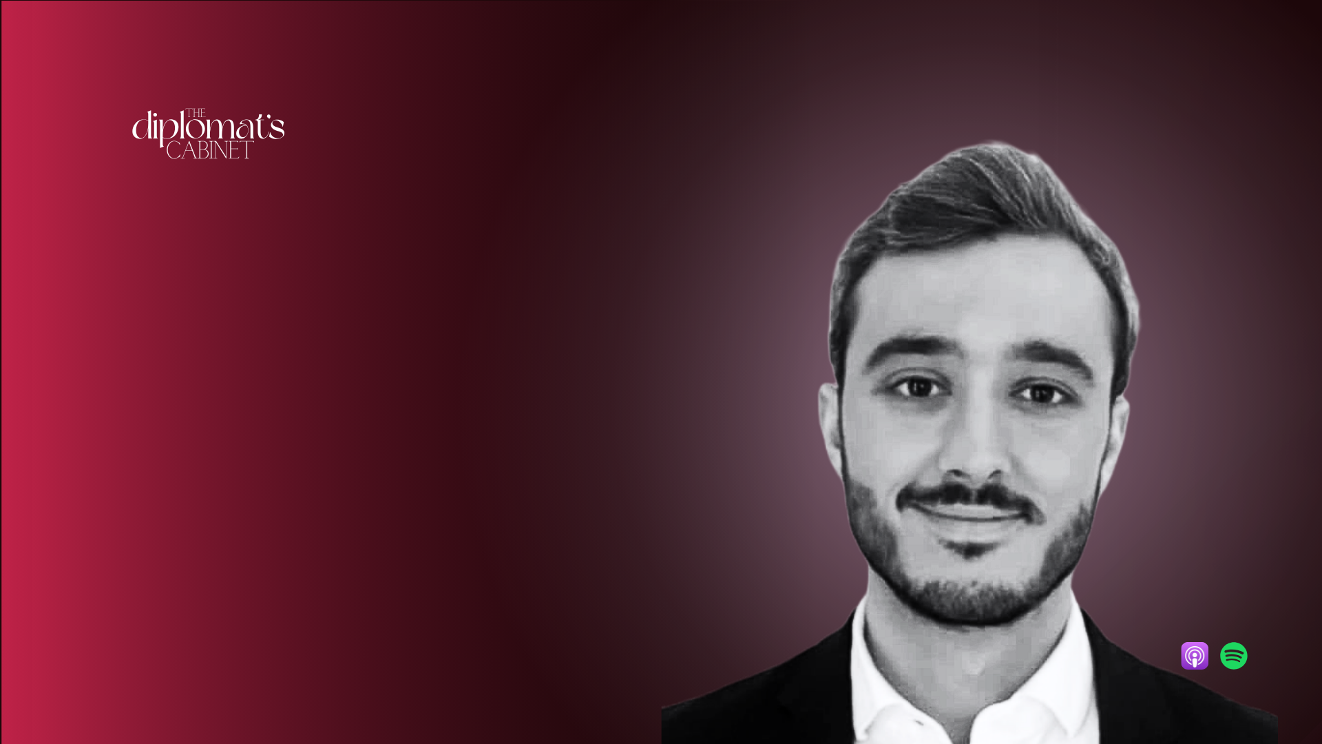 Podcast promotional image for 'What happens when masculinity meets economic precarity?' episode 8 with Javier Carbonell, featuring a black and white photo of a young man with a beard, dressed in a suit, against a dark background with text and podcast platform icons.