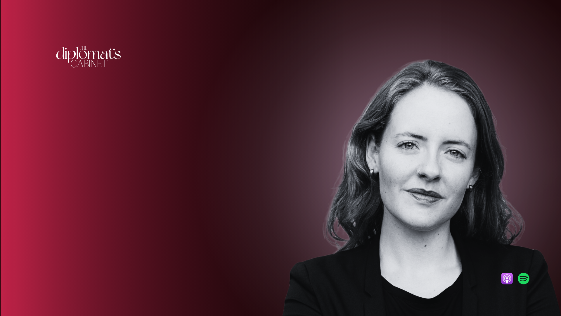 Promotional graphic for a podcast episode featuring Leonie Stamm discussing if Germany will change its feminist foreign policy after the elections, with the title text and a black-and-white portrait of a woman.