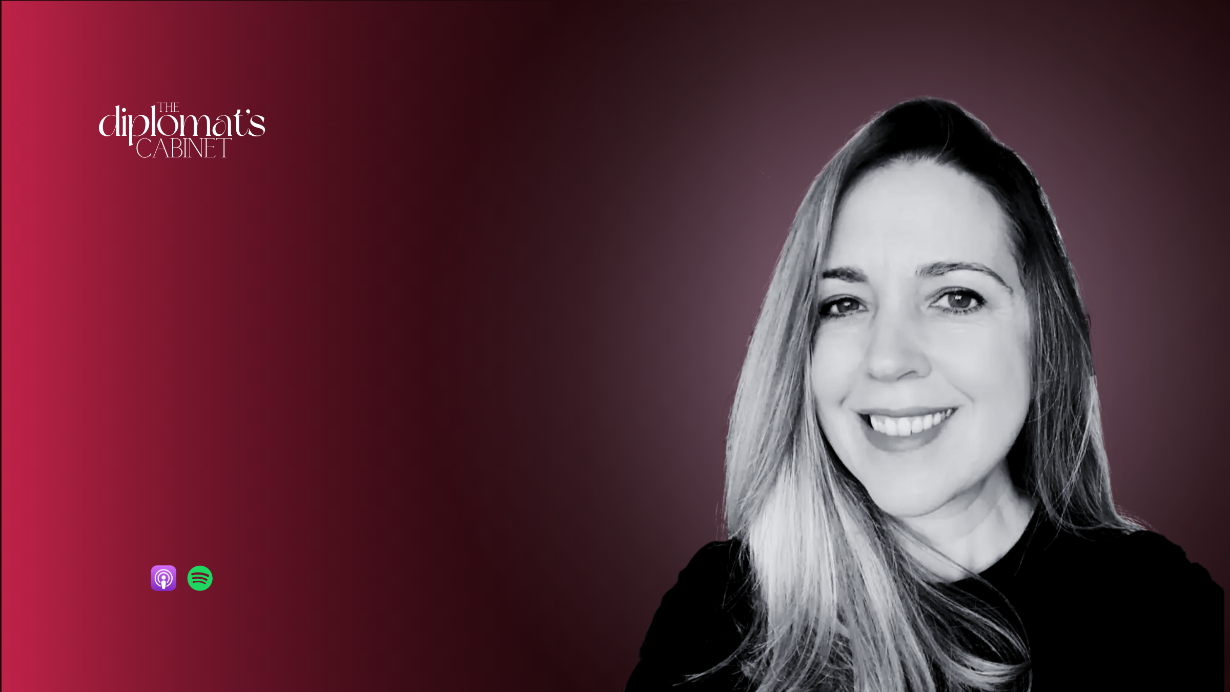 A promotional graphic for a podcast episode titled 'What do NATO's silences reveal about Europe's future?' featuring Marta Mucznk, with logos for Apple Podcasts and Spotify, and a black and white portrait of a smiling woman with long hair.
