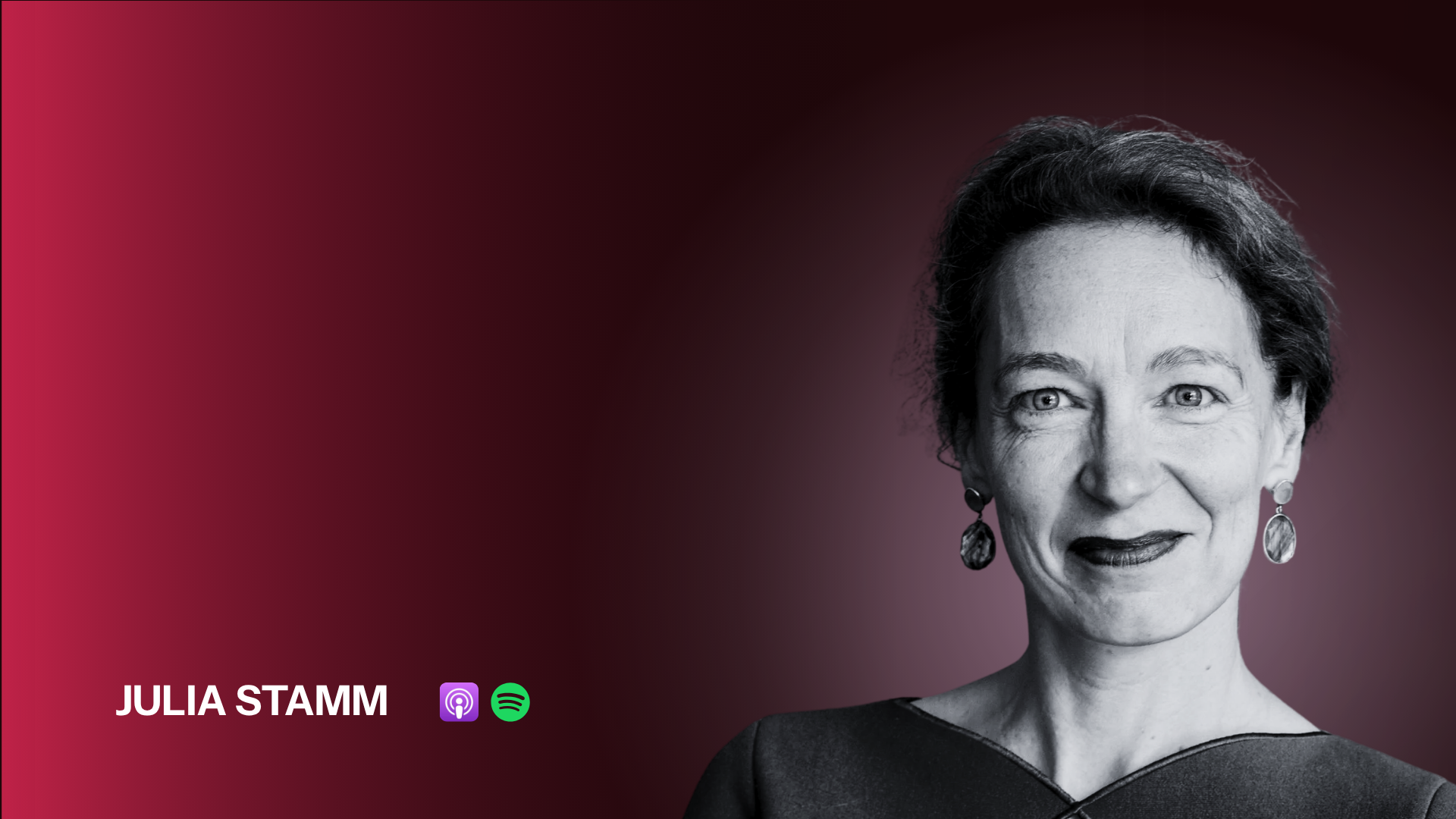 Promotional graphic for a podcast episode titled 'How can AI serve everyone, not just the few?' featuring Julia Stamm. Features a black and white photo of Julia Stamm with a dark gradient background and icons for Apple Podcasts and Spotify.