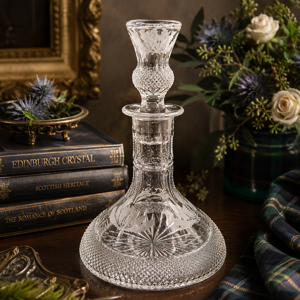 Edinburgh Crystal Thistle Cut Ships Decanter Stopper Scotland 10.5"