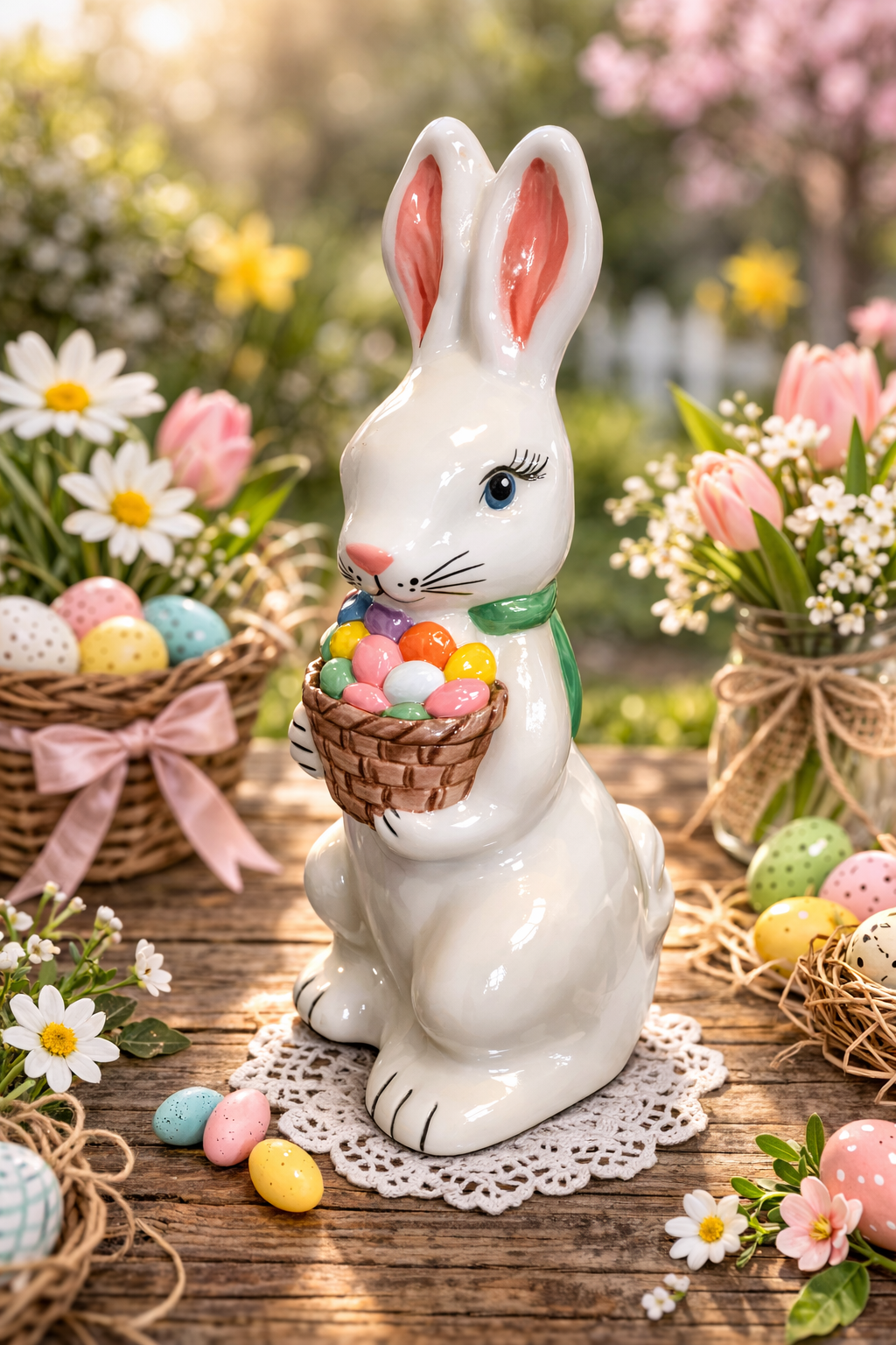 Mosser Glass Bunny W/Basket Milk Glass Decorated 219MD