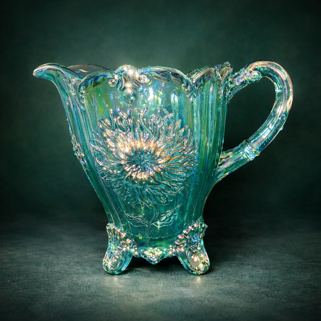 Mosser Carnival Glass Dahlia Pitcher Teal 7.5" 902PTC