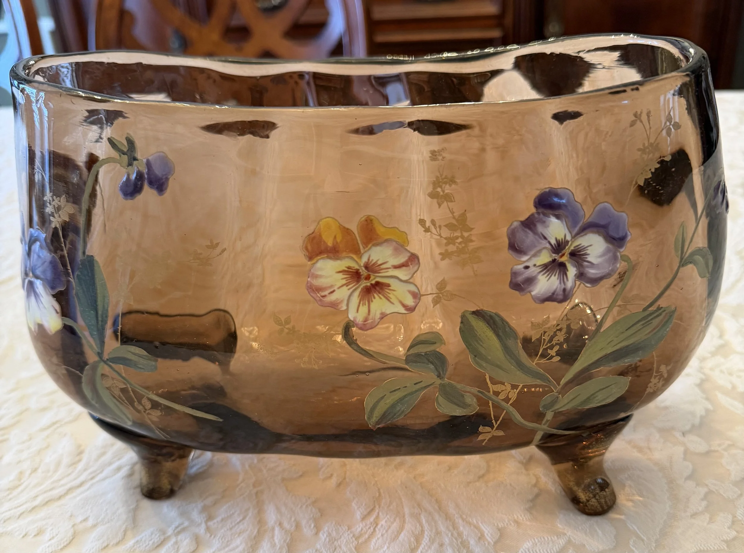 Antique  French Enamel  Centerpiece pansy