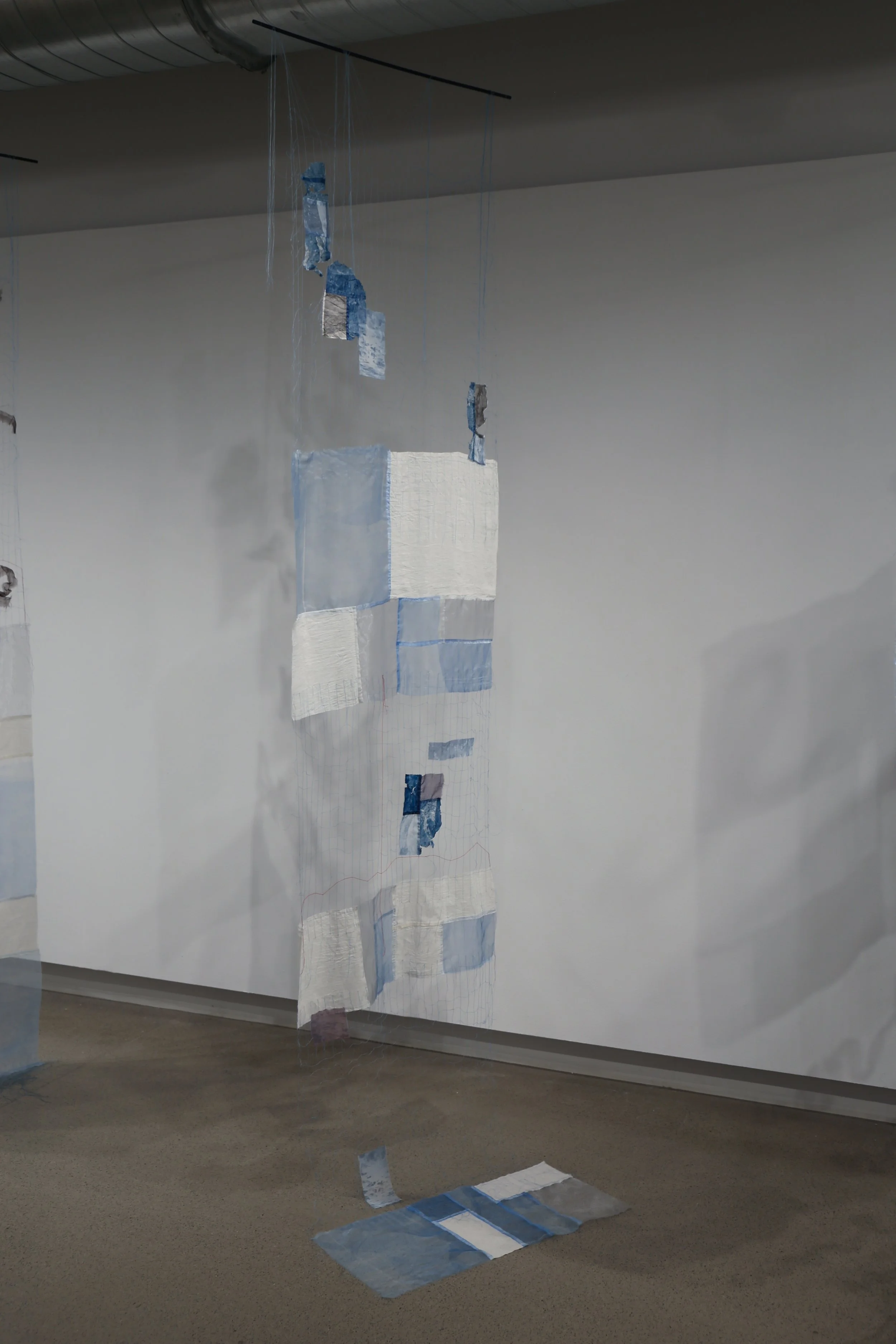 If god was a father, fathers would be more like breath, 2026, text, thread, cyanotype on paper