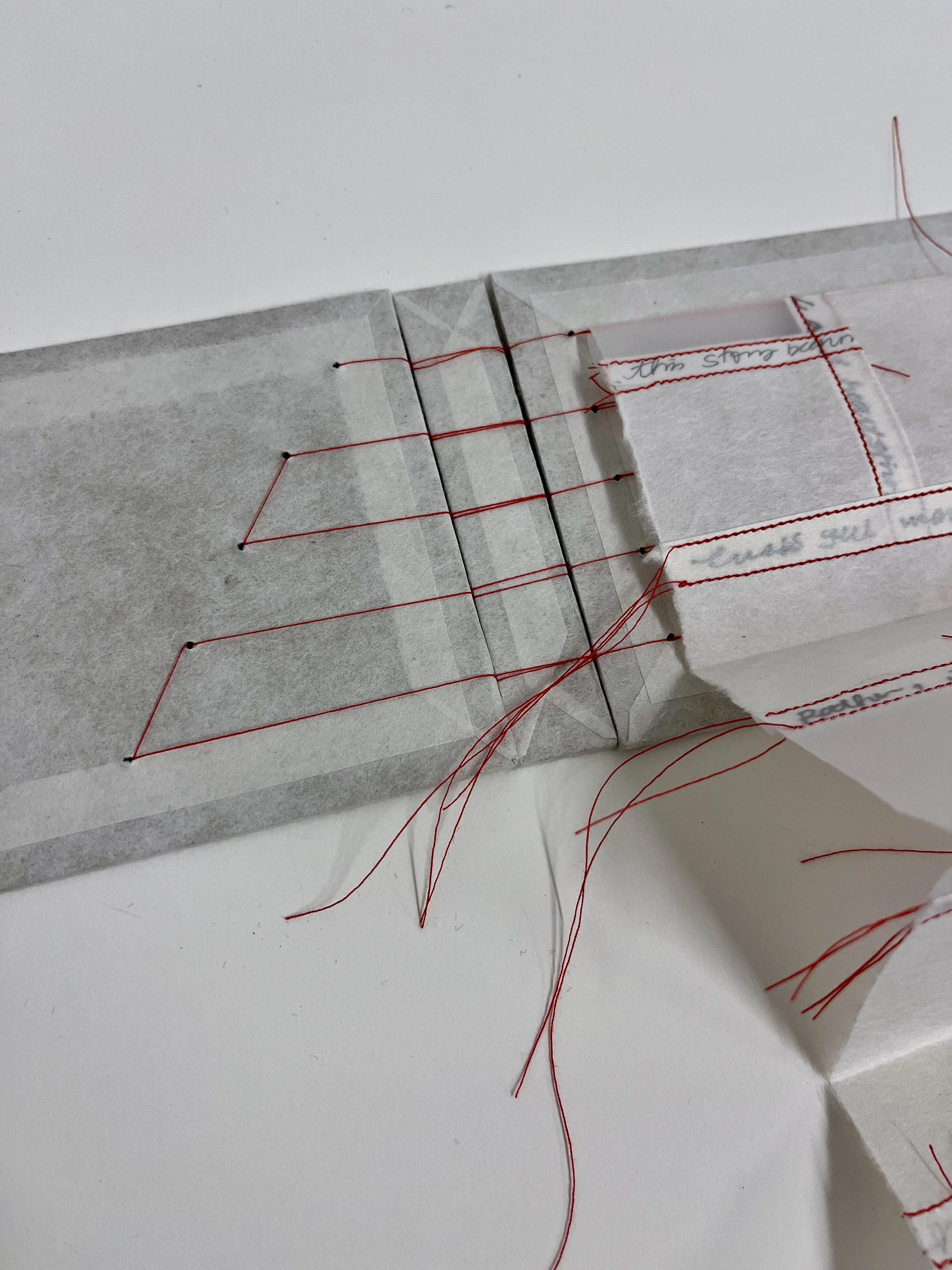 This Story Begins, 2024
writing, handbound artist book, pages constructed with bojagi-sewn mulberry paper and tracing paper