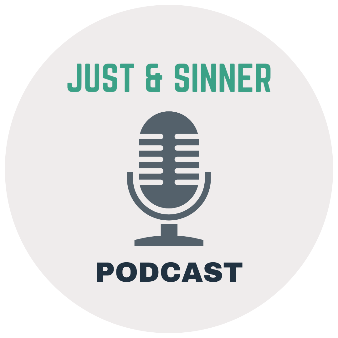 Podcast logo with a gray vintage microphone icon in the center. The top text says 'JUST & SINNER' in green, and the bottom text says 'PODCAST' in dark gray.