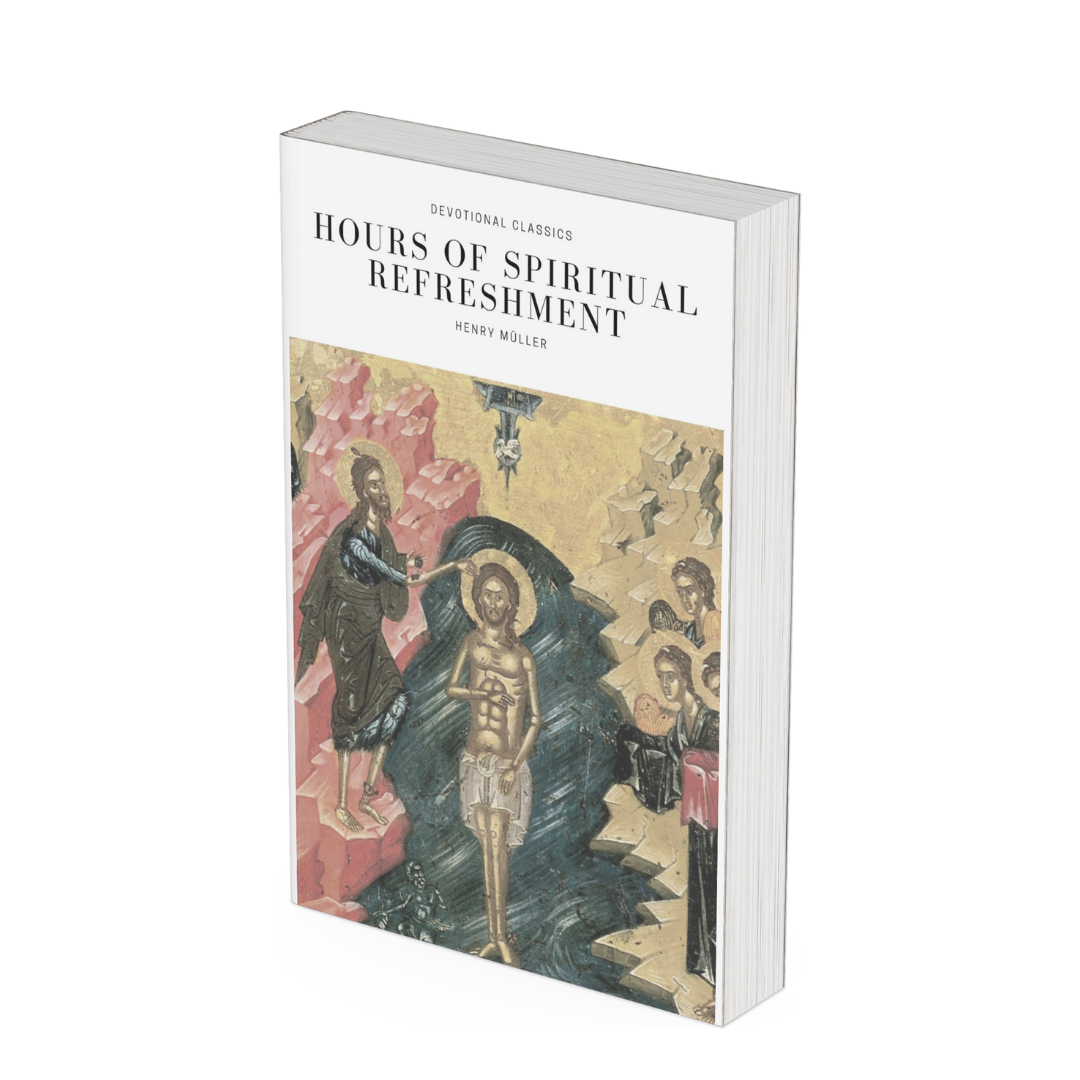 A book titled "Hours of Spiritual Refreshment" with an religious artwork on the cover depicting Jesus being baptized by John the Baptist, with figures observing.