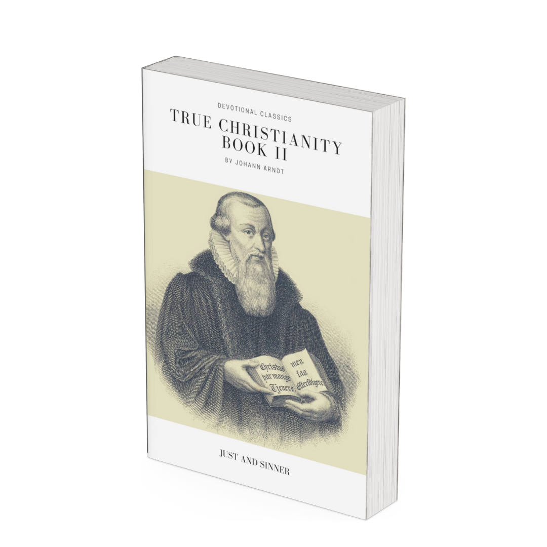 Book titled 'True Christianity Book II' by Johann Arndt, part of devotional classics collection, featuring a black and white illustration of a man with a beard holding an open book with German text on it.
