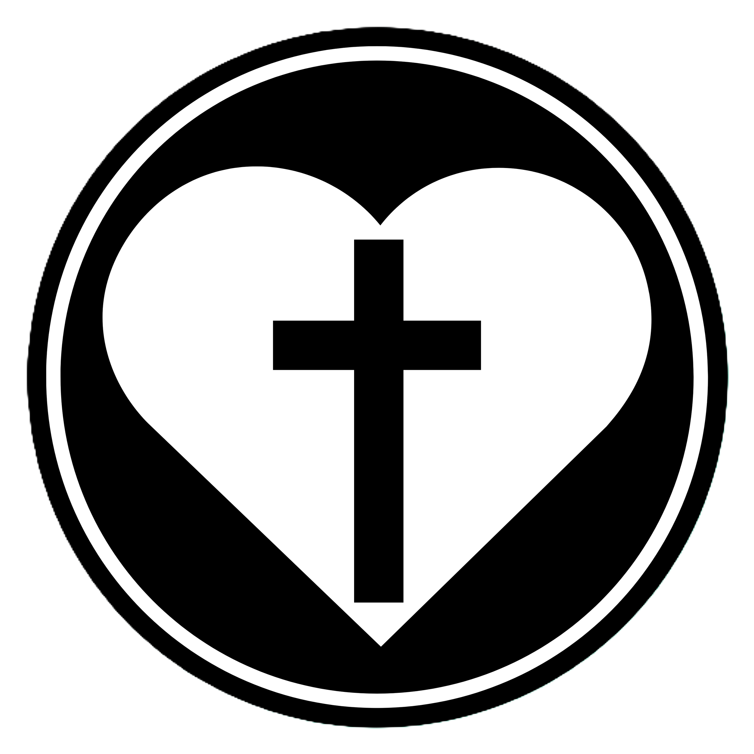 A black and white circular logo featuring a heart with a cross in the center.
