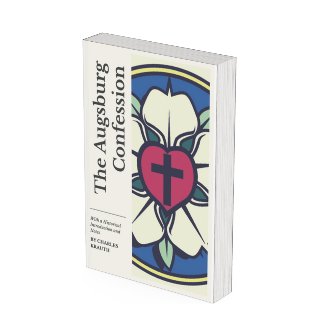 A book titled "The Augsburg Confession" featuring a stained glass window with a white lily, a red heart with a black cross, and a blue background.