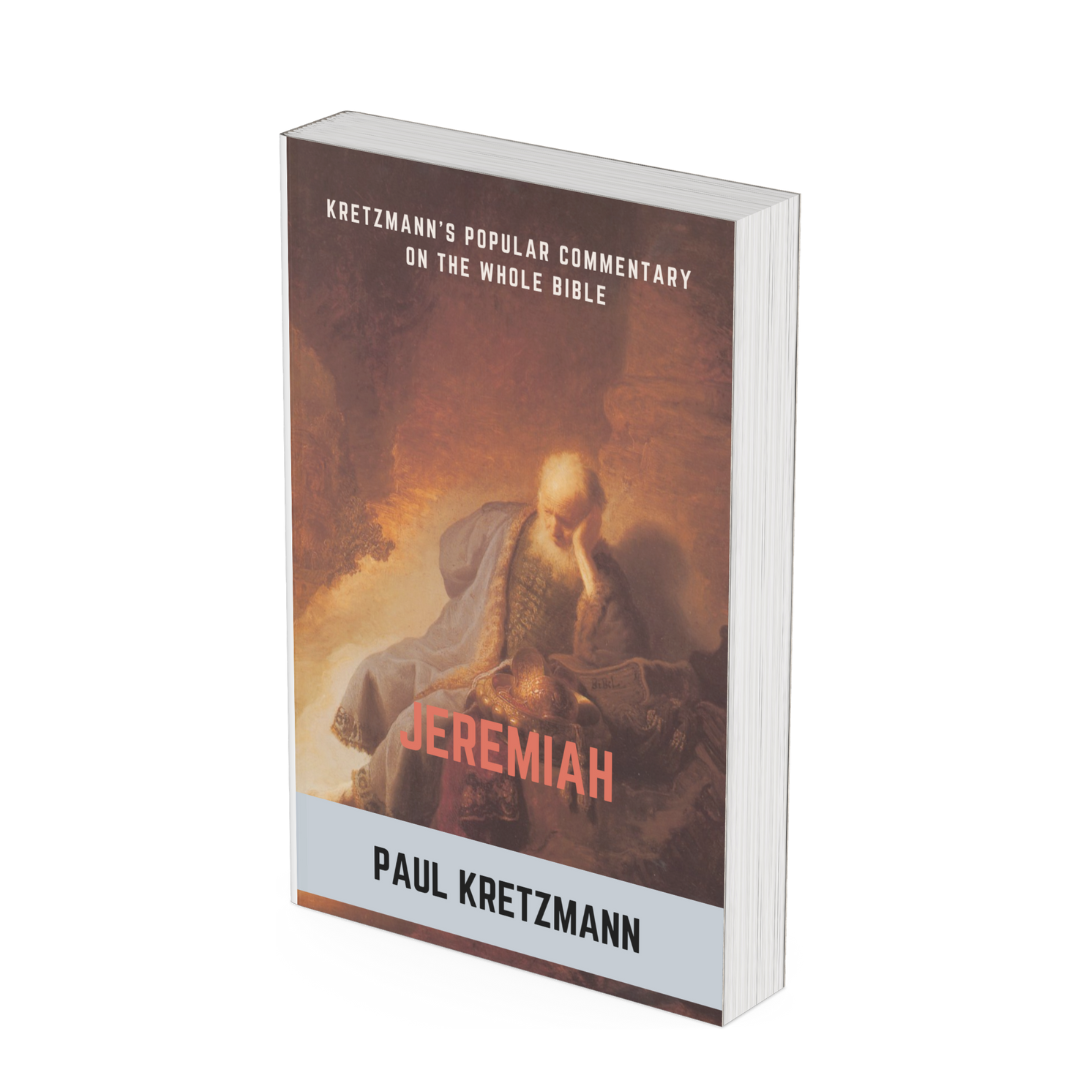 Book titled "Jeremiah" by Paul Kretzmann, featuring a painting of an elderly man with a beard and long hair, reading a scroll, with a fiery background.