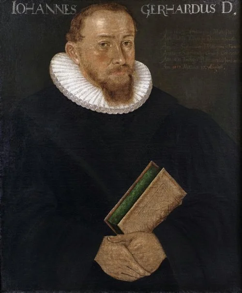 Painting of a man with a ruffled white collar holding a book, with inscriptions in Latin on the dark background.
