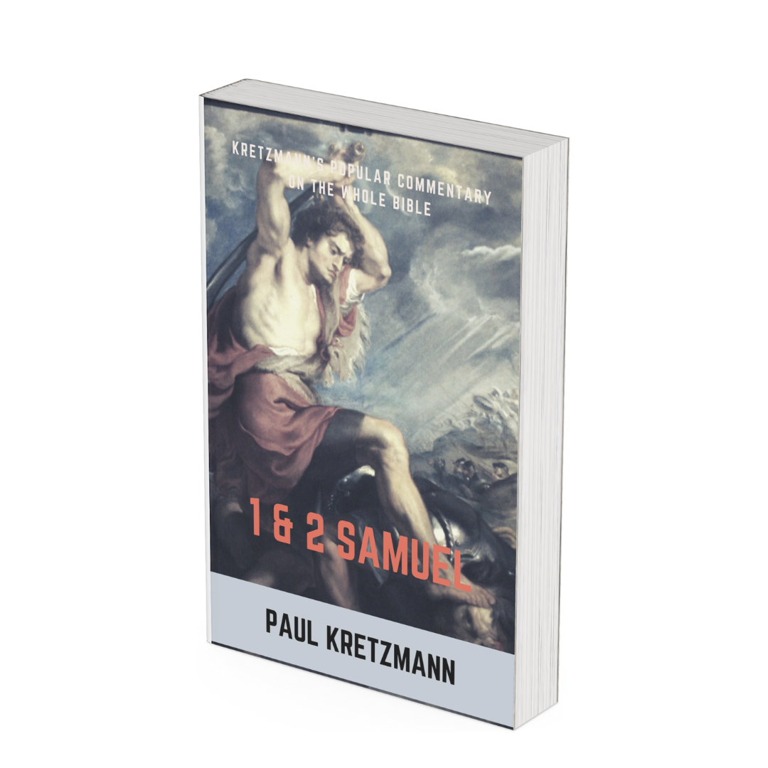 Book cover titled '1 & 2 Samuel' by Paul Kretzmann, featuring a painting of a biblical scene with a man holding a sword, in a stormy landscape.