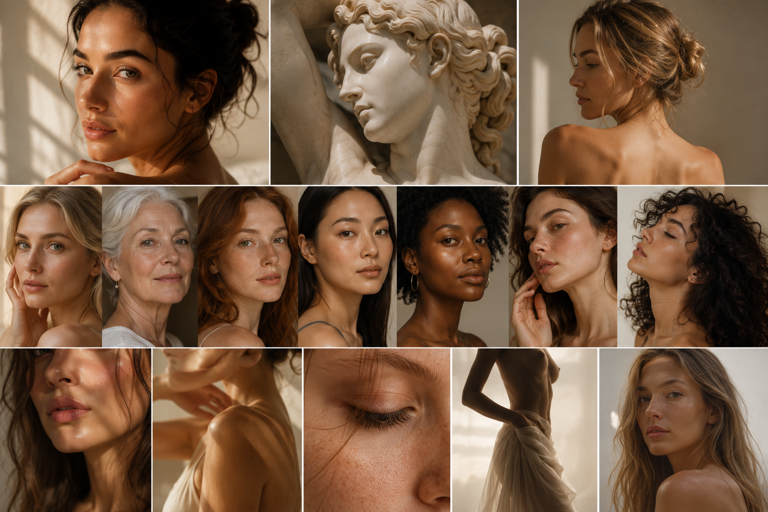 A collage of portraits showing diverse women with different skin tones and hair styles in soft, warm lighting. The images include close-ups of faces, a sculpture, and an elegant woman in a flowing dress.