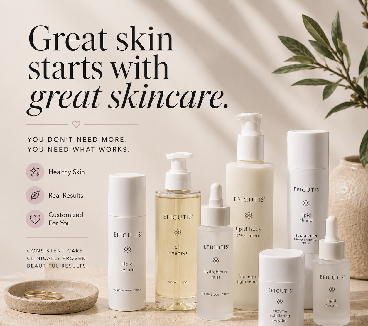 Skincare products from Epicutis displayed on a surface with a plant in the background, alongside promotional text highlighting skin care benefits.