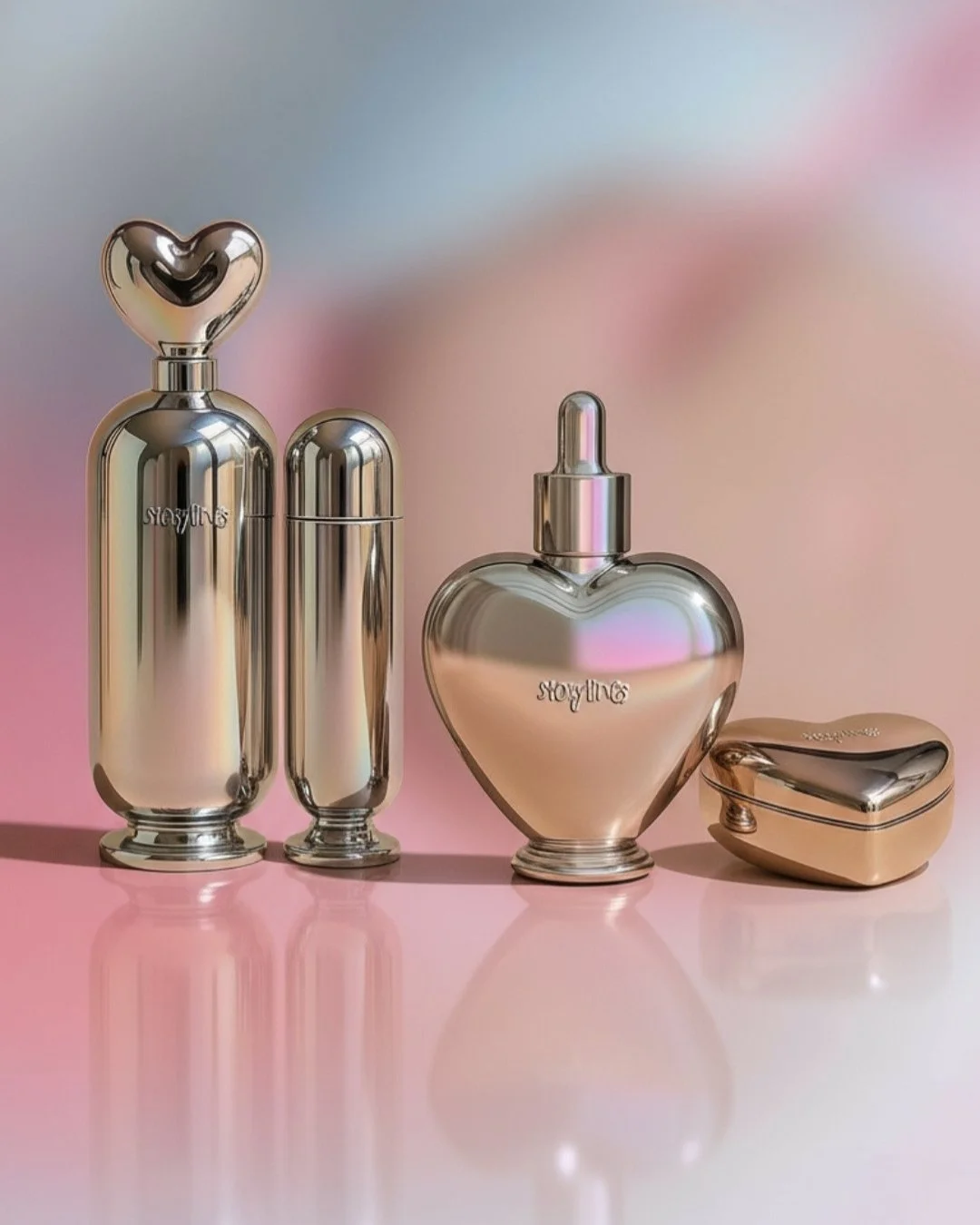 Editorial beauty product render featuring metallic skincare bottles created as part of an AI-driven brand campaign.