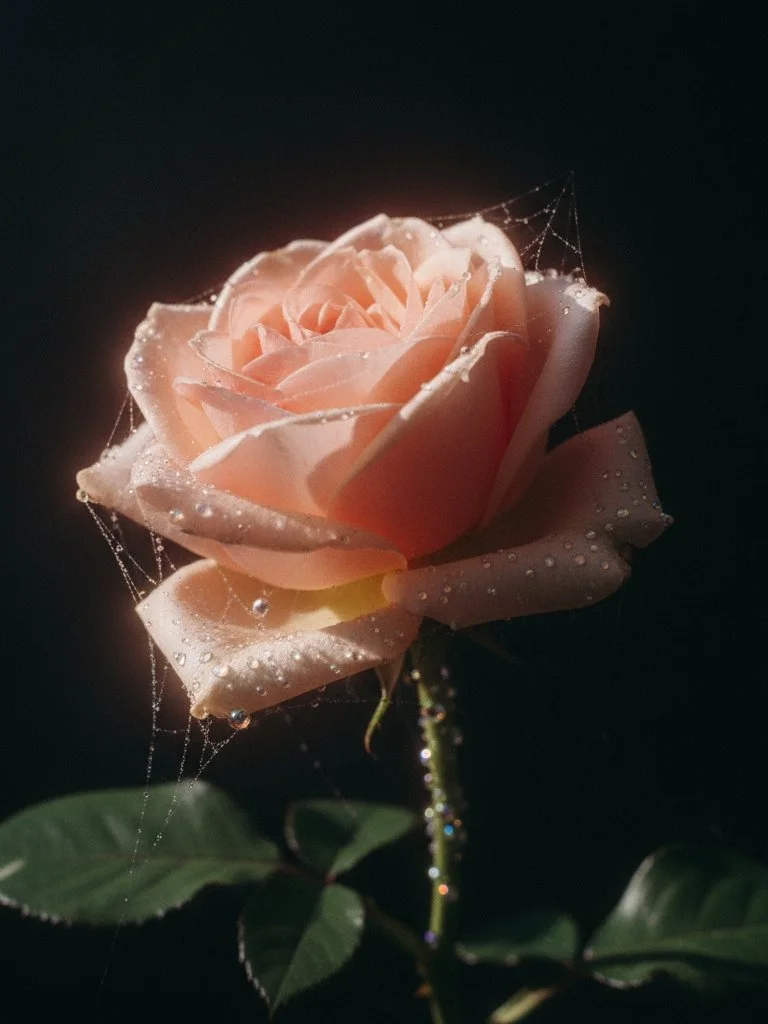 Editorial rose visual with glowing effects created as an AI art direction concept by Open Never Empty creative studio.