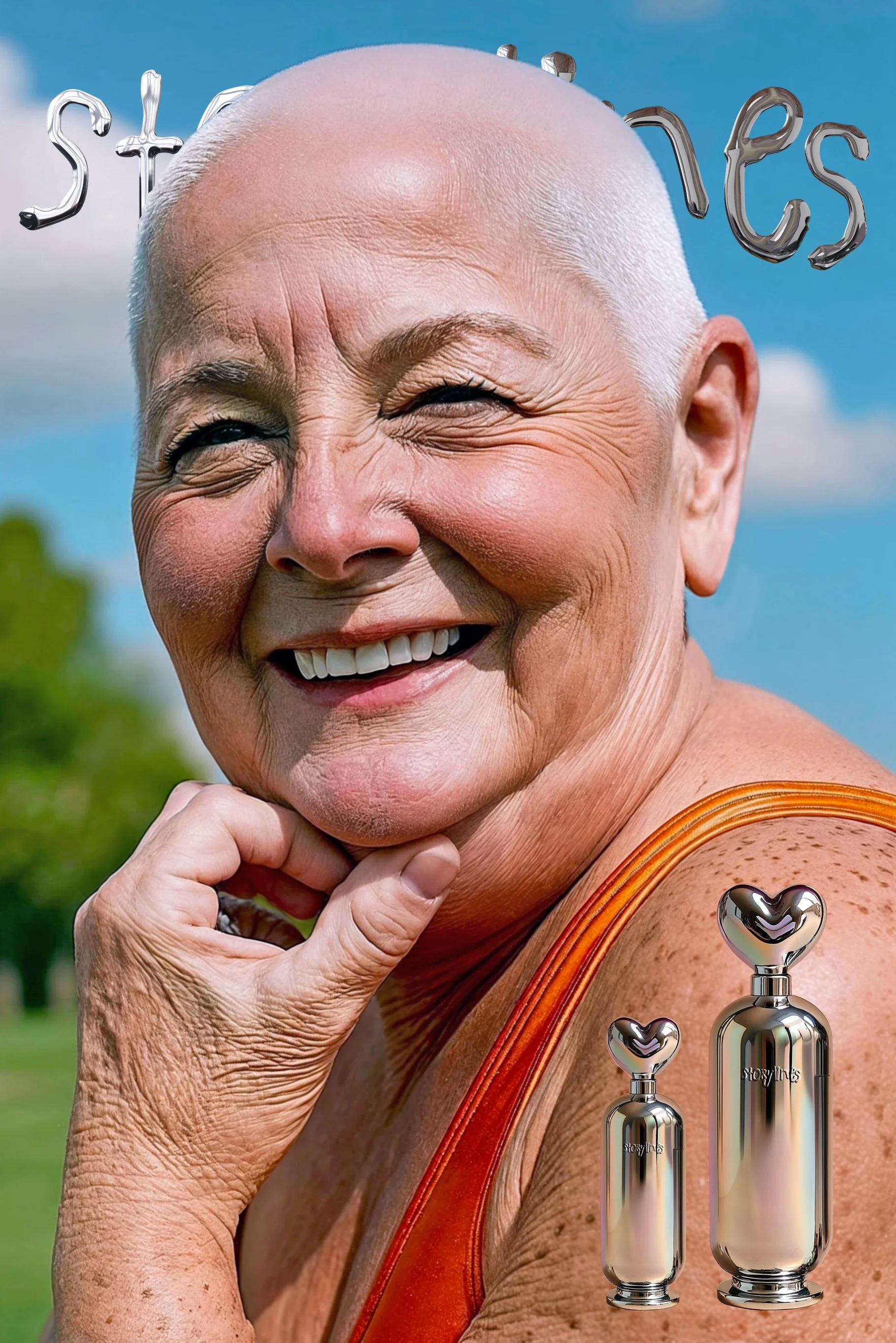 Smiling elderly woman with short white hair outdoors, with two metallic perfume bottles in front and partially visible word "STORES" in the background.