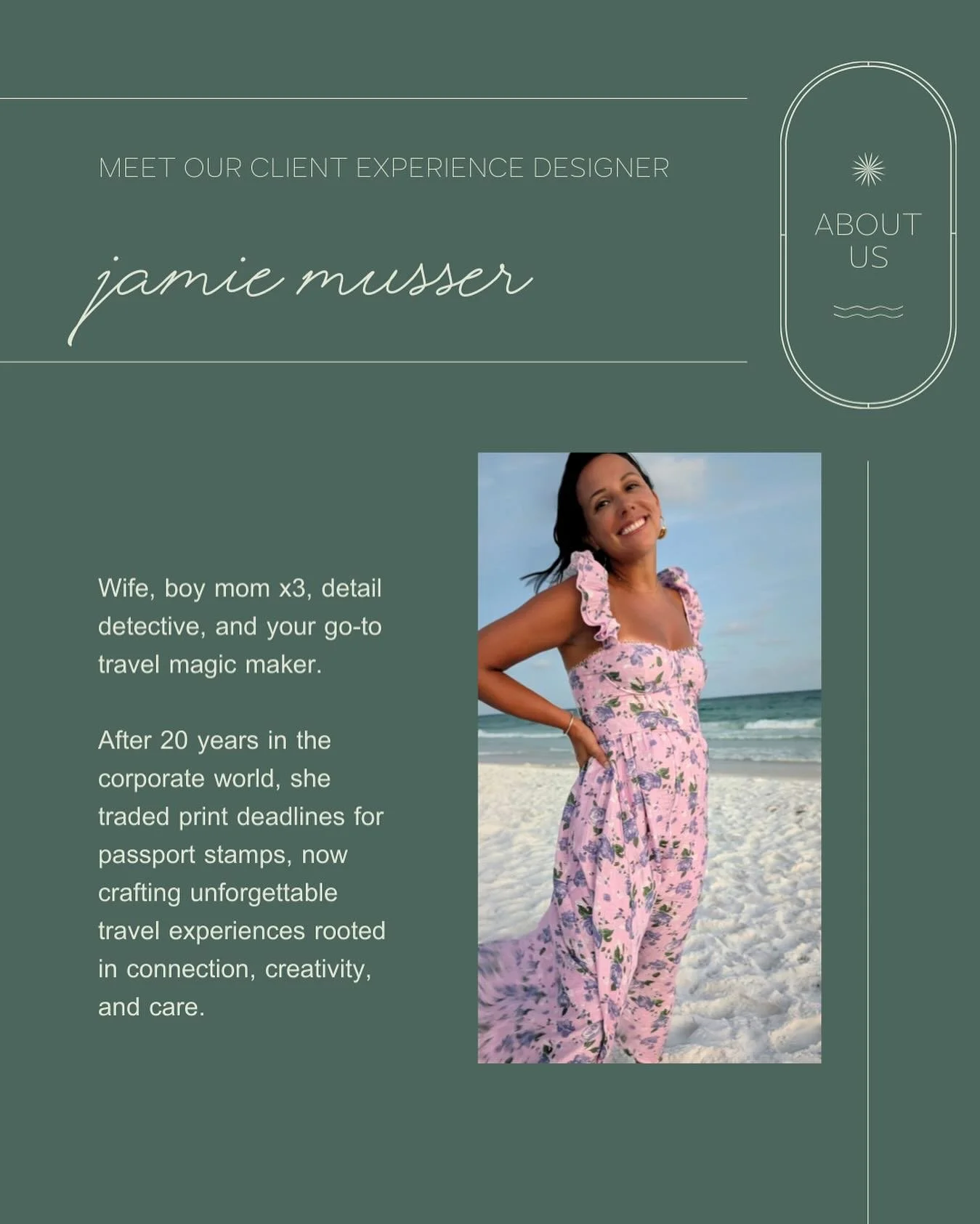 Meet our new travel designer, Jamie, wife, mom of three boys, mayhem manager, detail detective, and solutions ninja.

After nearly 20 years in the fast-paced world of print production and brand management, Jamie felt the pull toward something more pe