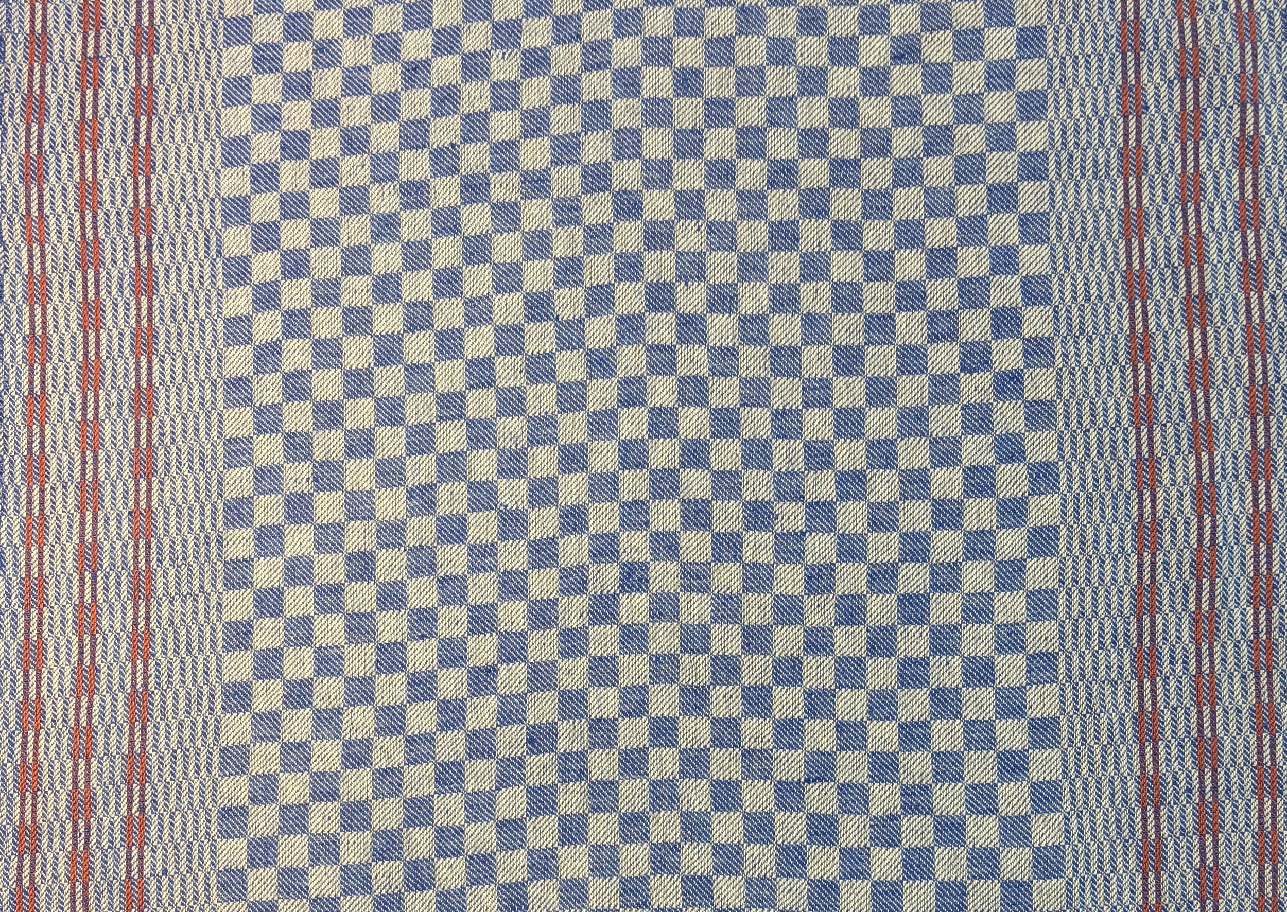 Kitchen Towel- LINEN & COTTON Smooth Medium Weight: Blue Checkered with  Red Three Striped Border