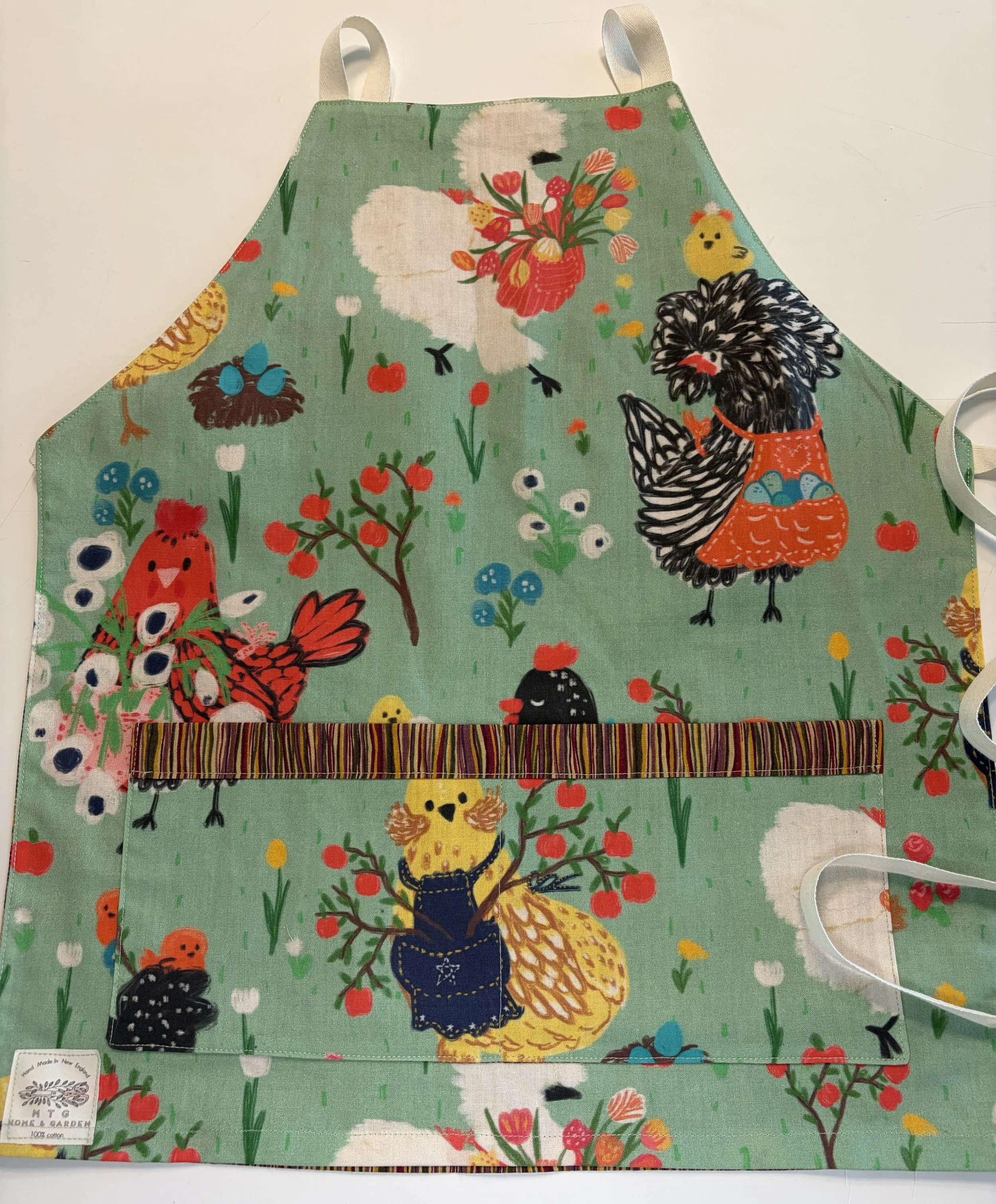 Child Apron-  Reversible Bib-Style -COTTON: Medium Weight, Funny Chickens:                Size M