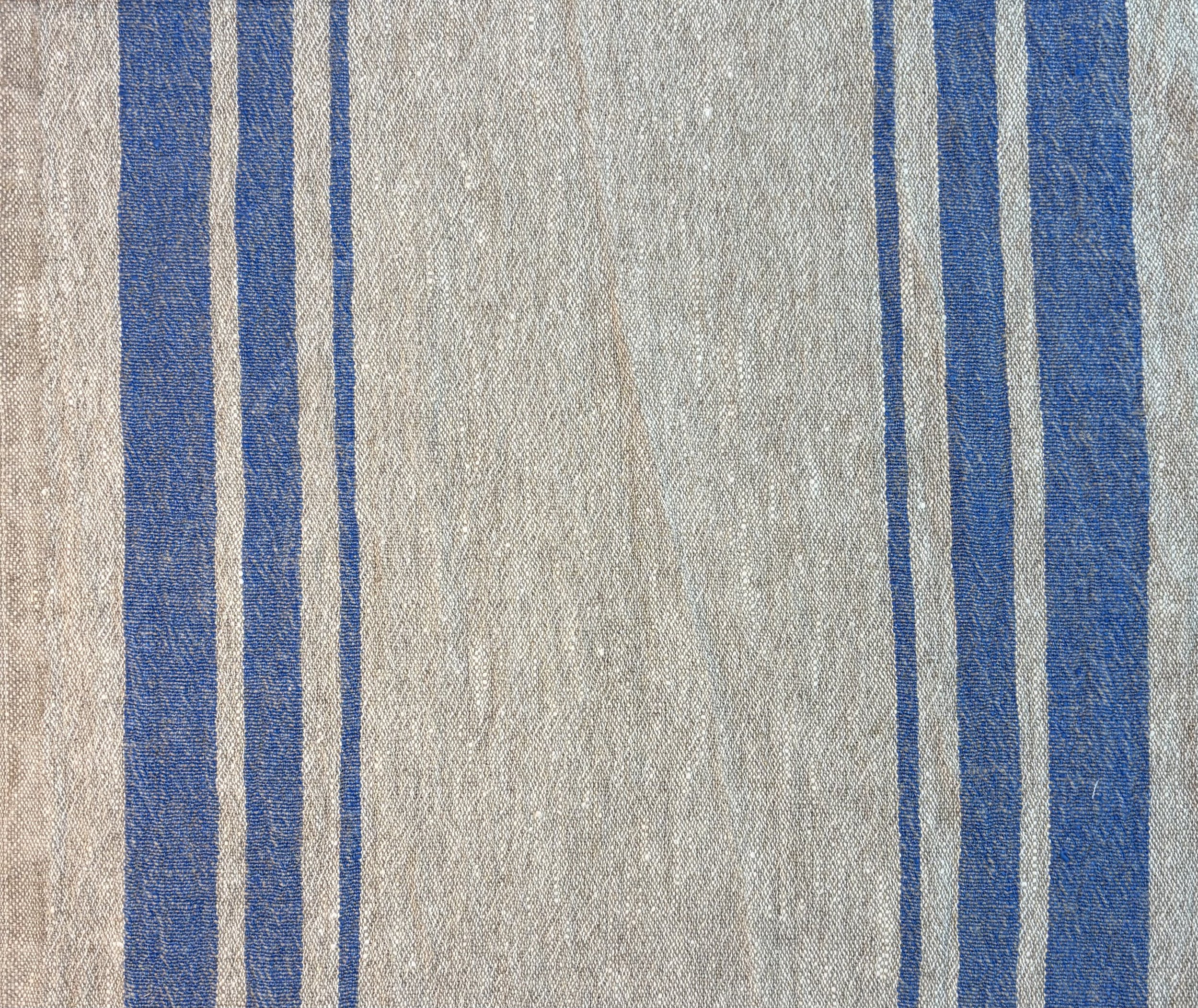 Kitchen Towel- Heavy Weight Textured LINEN: Natural & Colbalt Blue Striped Border.