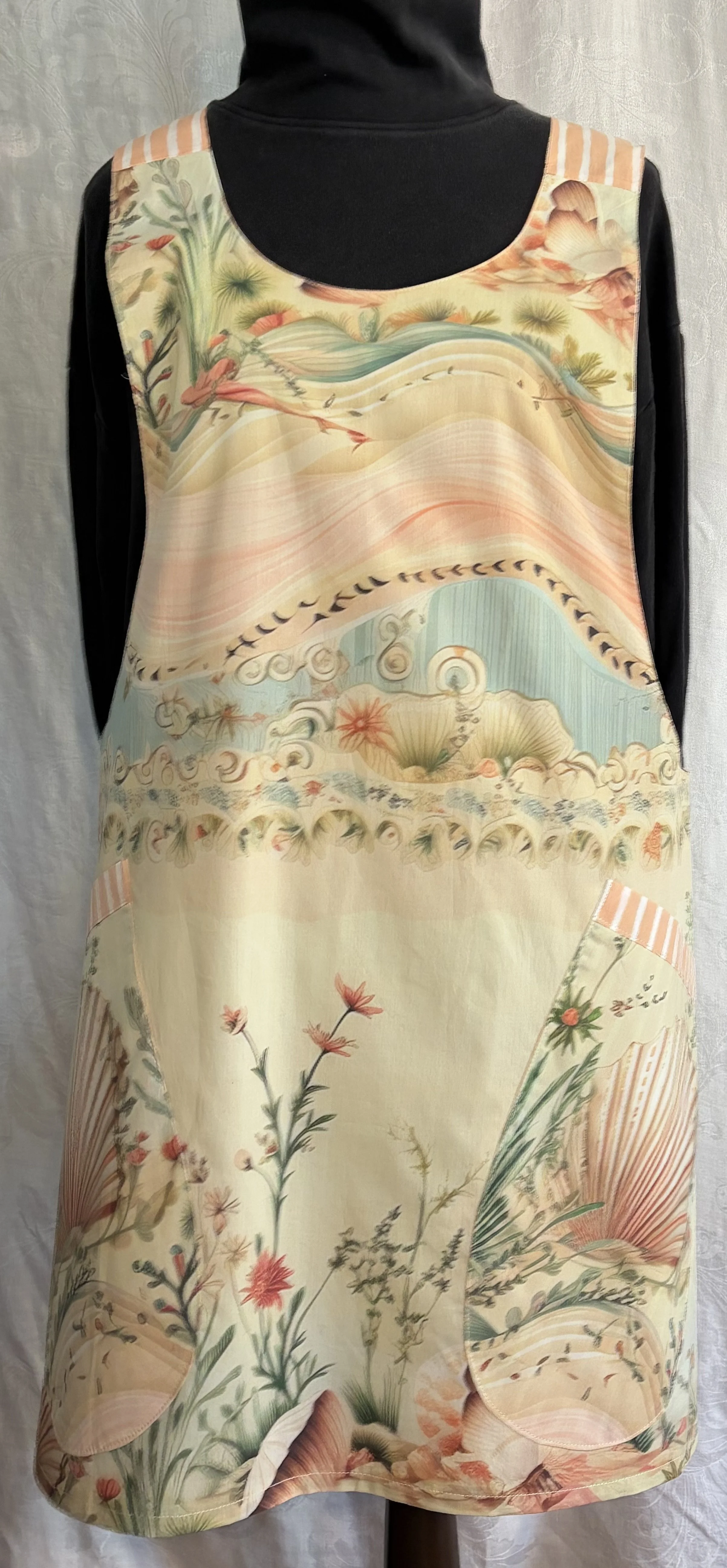 Apron-Reversible Cross Back Pinafore - COTTON: Light Weight , Underwater Garden Print: Size SM