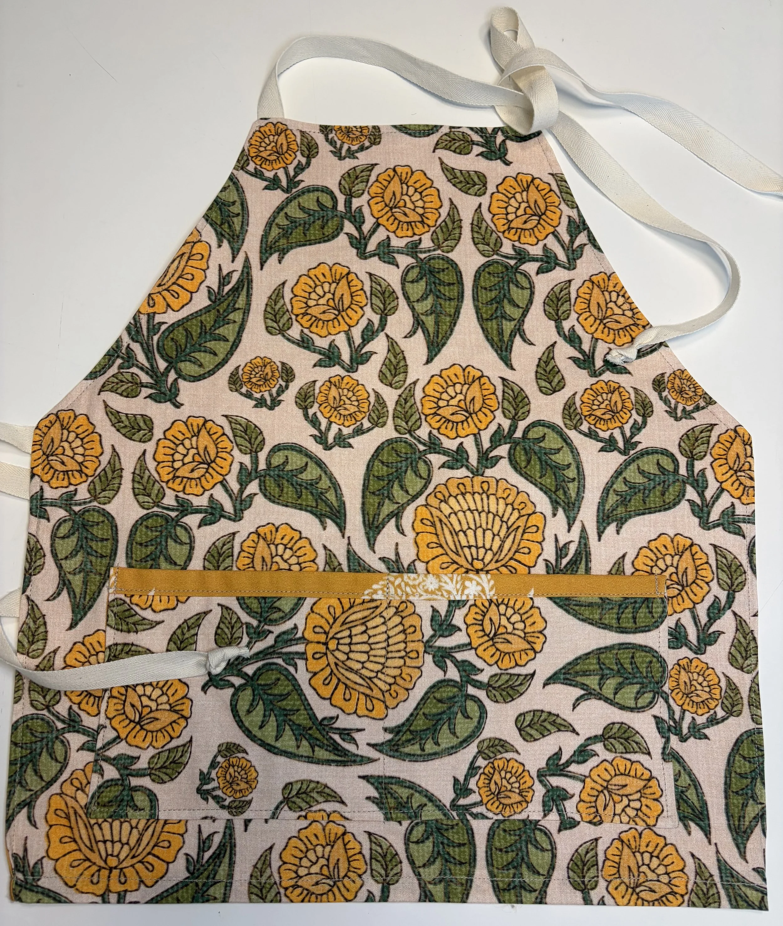 Child Apron-Reversible Bib-Style - COTTON: Medium Weight , Block Print Yellow & Green Floral: Size S