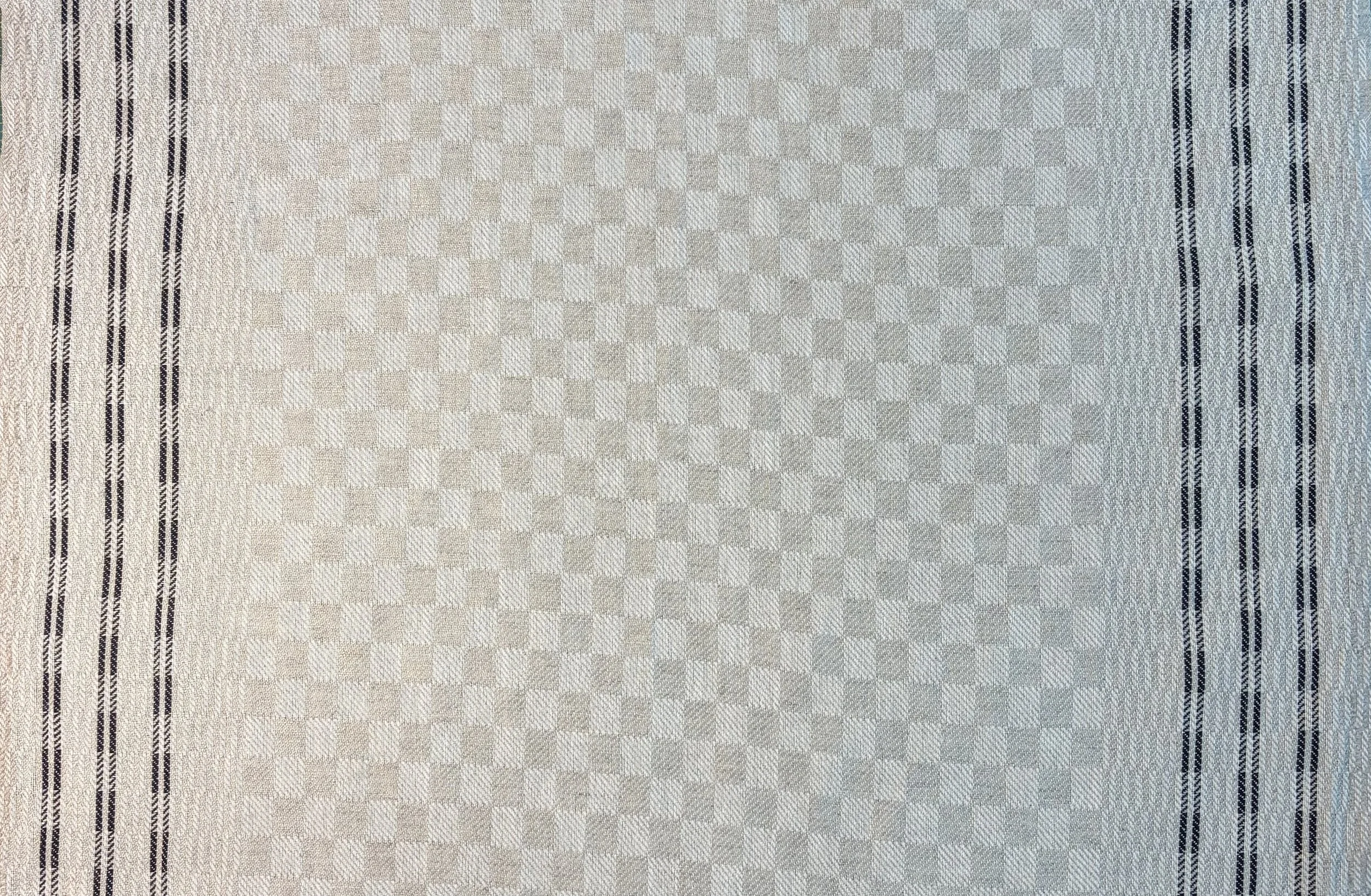 Kitchen Towel- LINEN & COTTON Smooth Medium Weight: Tan Checkered  with Black Three Striped Border