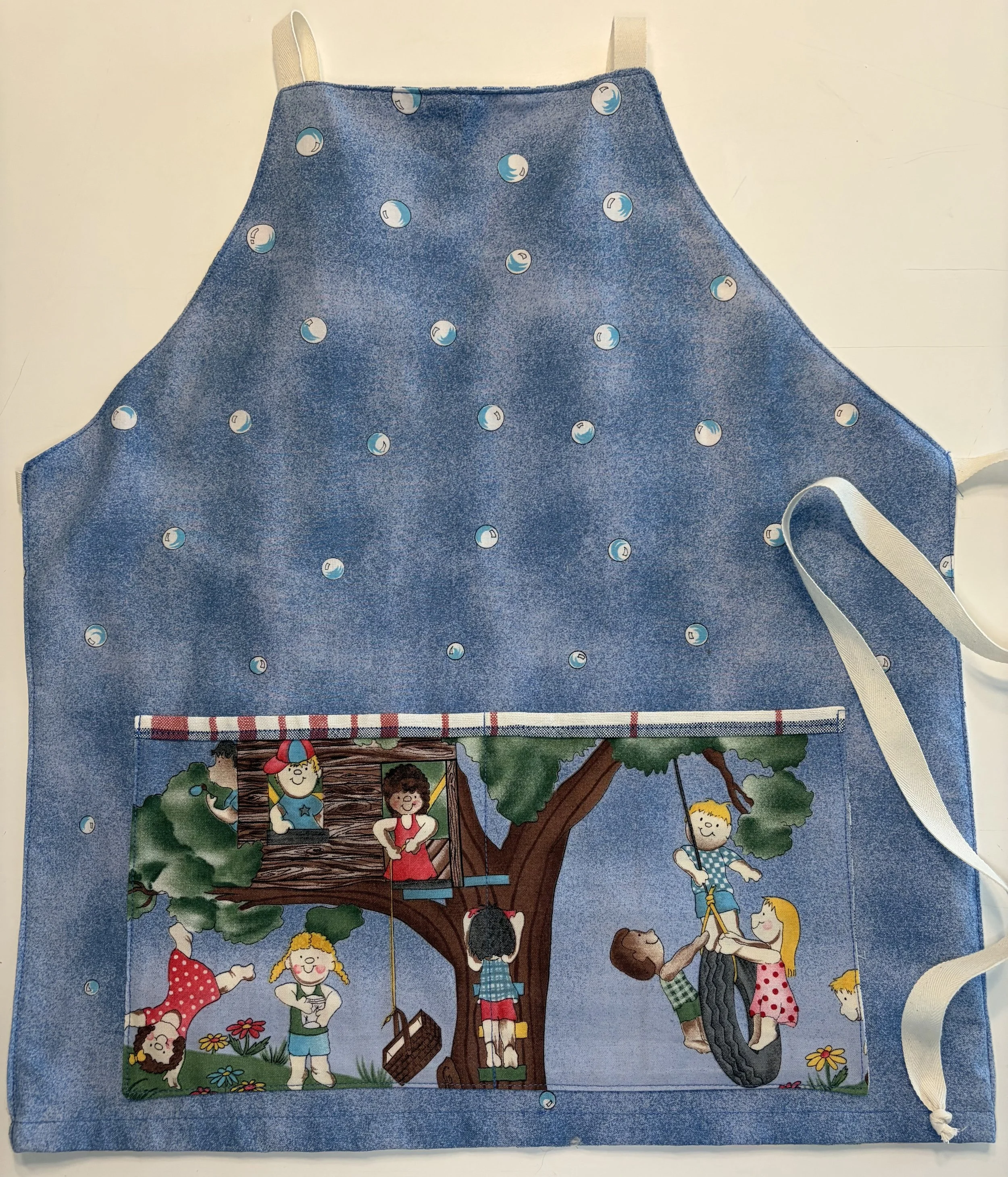 Child Apron-  Reversible Bib-Style -COTTON: Heavy Weight Repurposed Vintage Table Cloths, Kids in Treehouse: Size M
