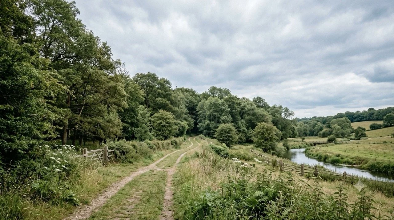 A dirt road in a forest with a fence on the side.