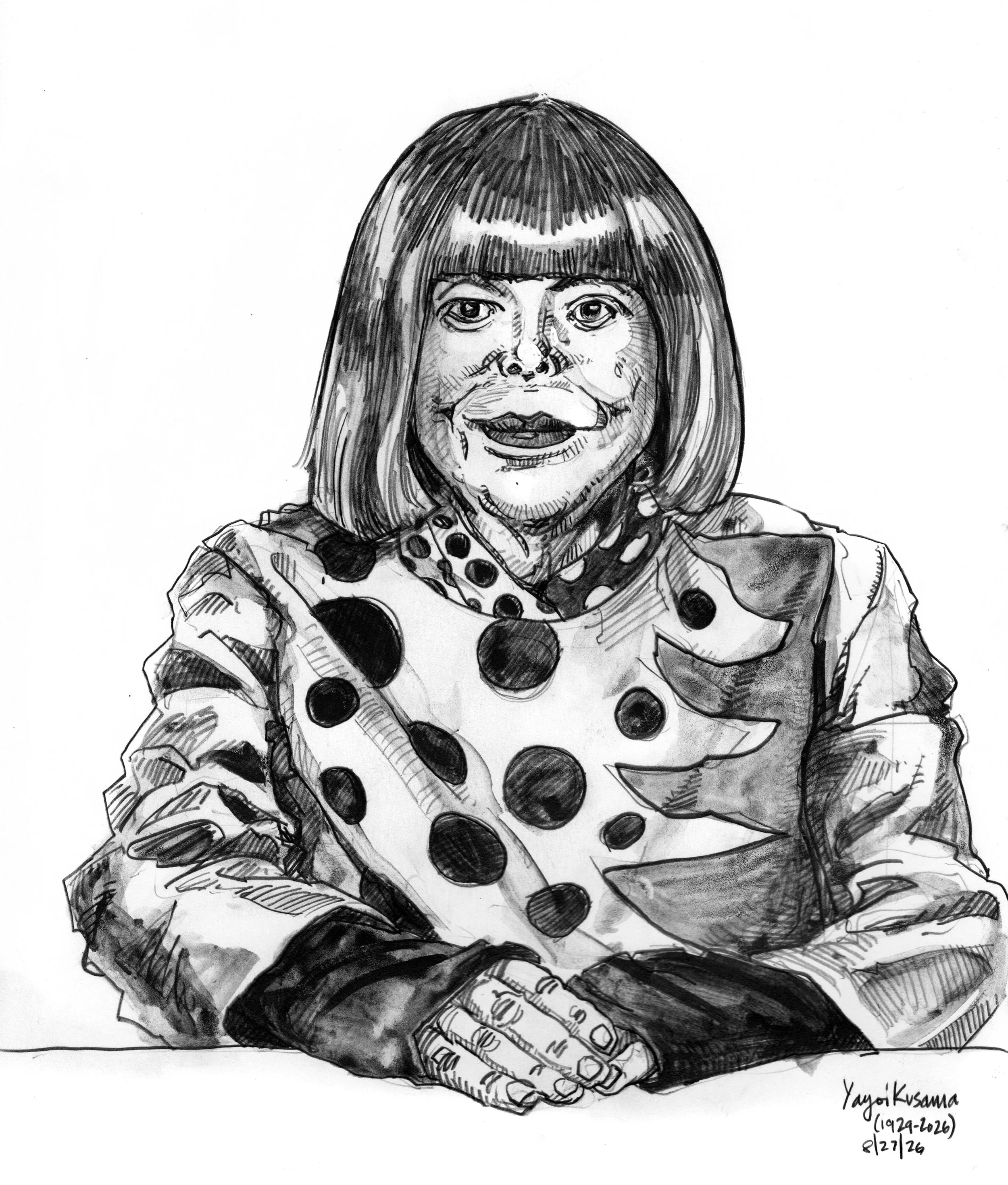 #drawingthenews Yayoi Kusama (1929-2026) pencil and graphite wash on Bristol, 9x12.