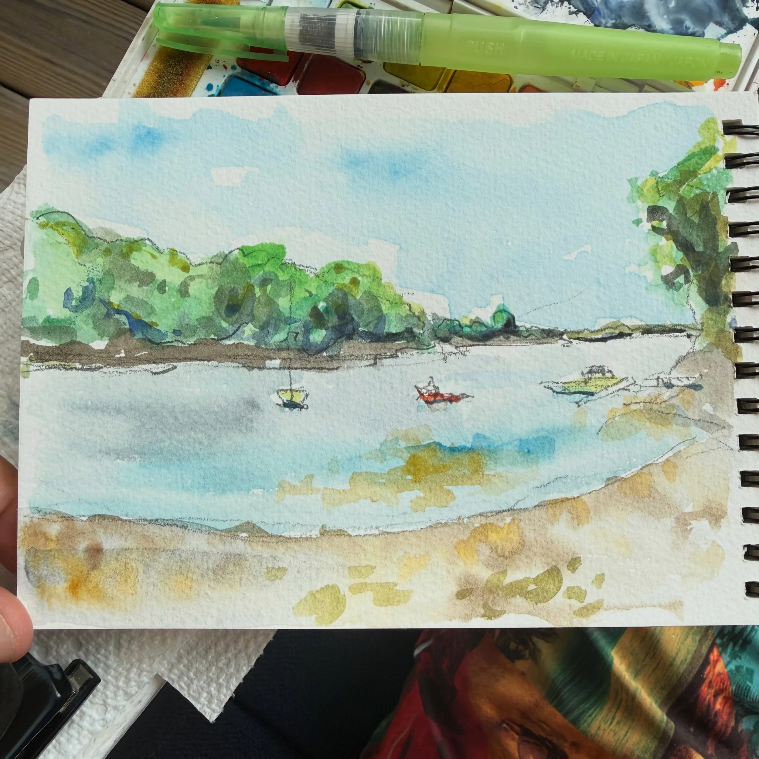 Plein air watercolor: Looking at Great Diamond Island from Peaks Island.