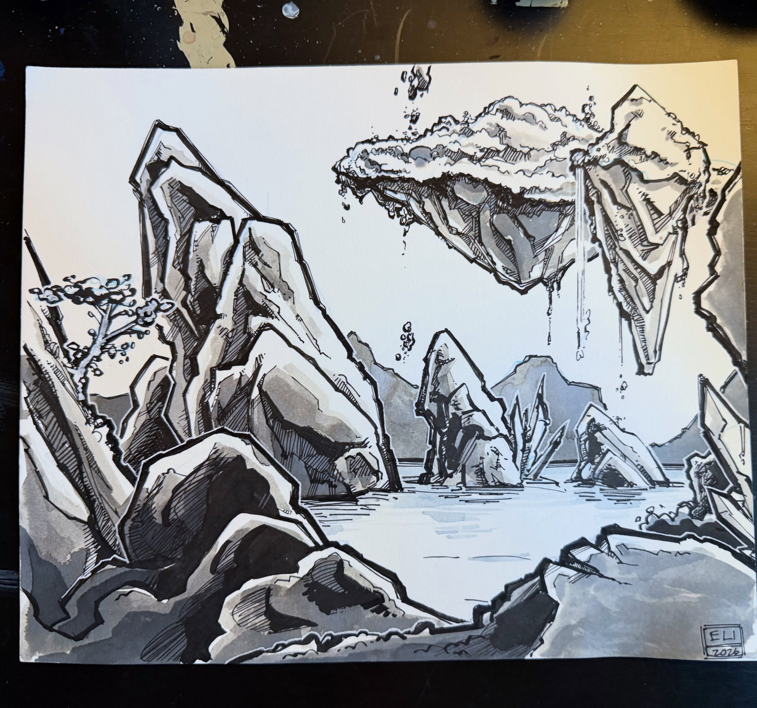 Roger Dean-inspired landscape. Ink on Bristol.