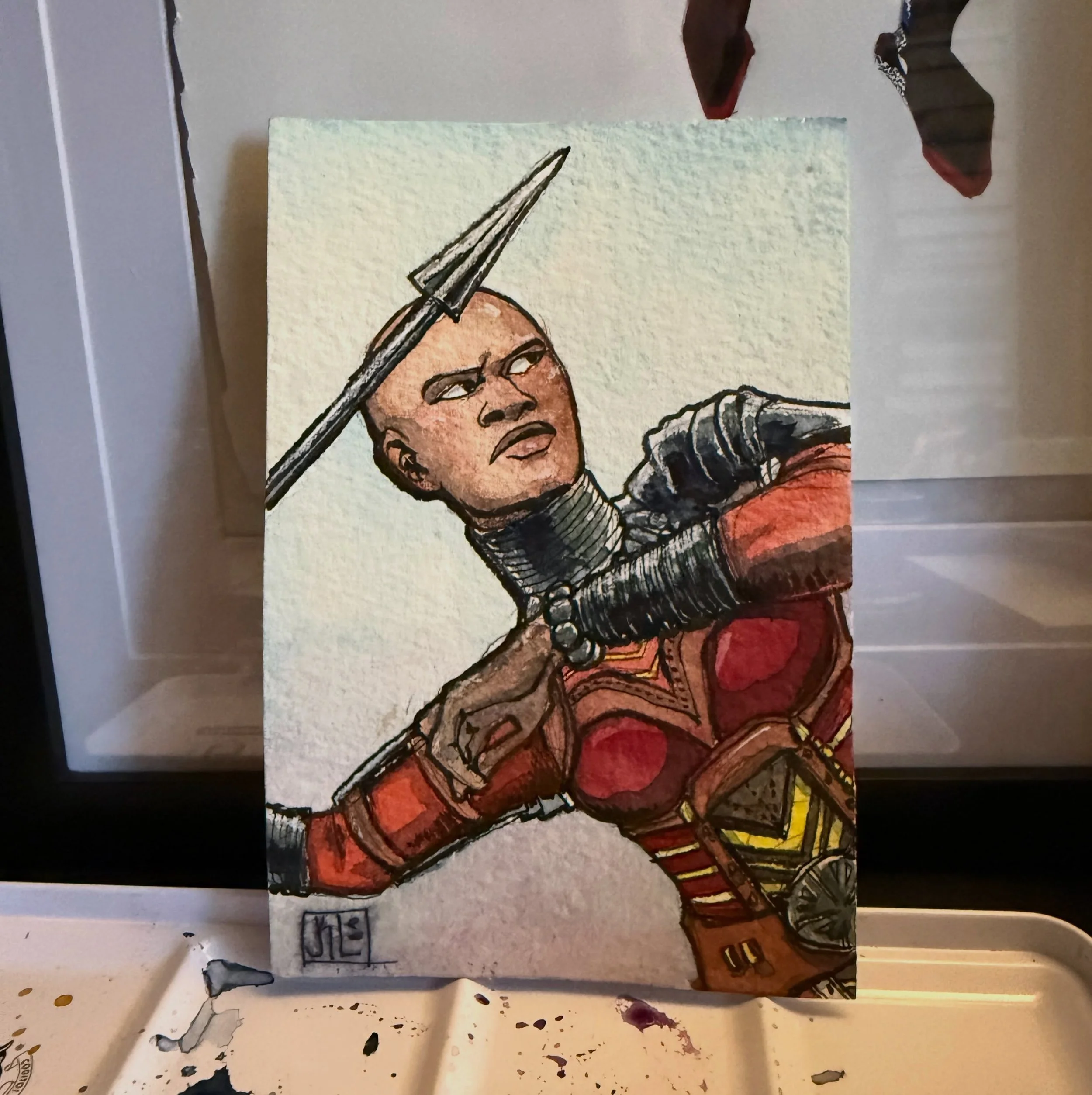 At the end of #nycc 2019 @dapper_janet was kind enough to gift me this unfinished Okoye sketch card. Finally got the courage to finish what she started! (Leo still likes it a lot!)