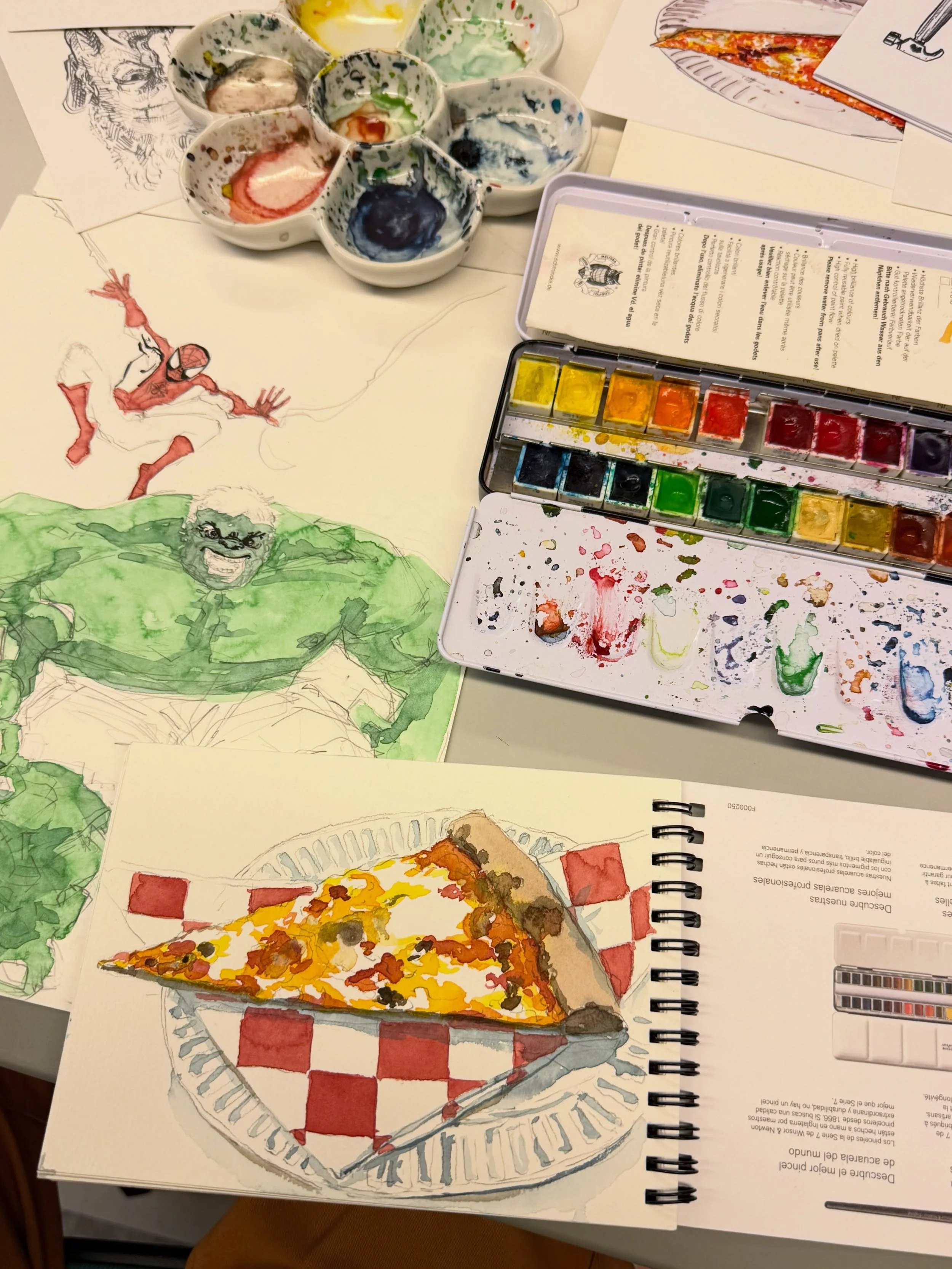 Did a watercolor demo in class today, showing a few different styles and methods of working the material, and on hot and cold press, too. Both pieces will be available for sale once finished - DM for prices!