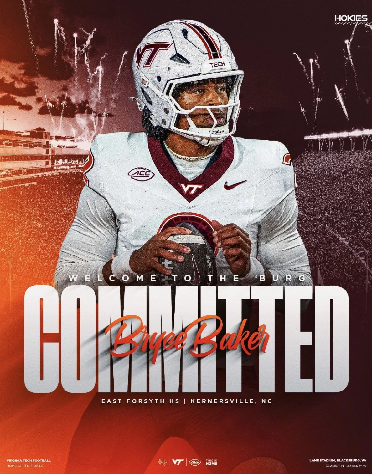 Football player in a white Virginia Tech uniform holding a football, wearing a helmet, with fireworks and a stadium in the background, welcoming Bryce Baker to the team.