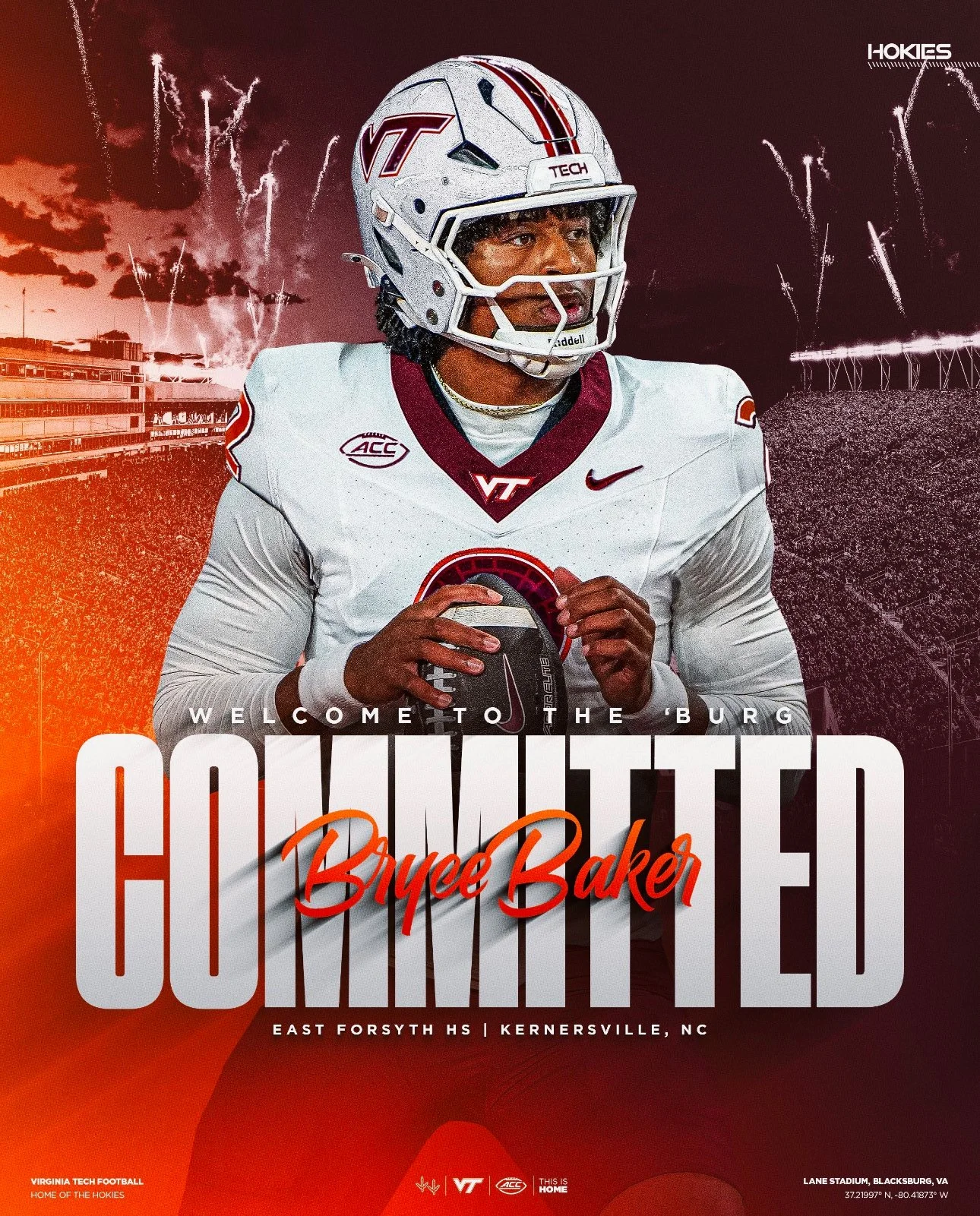 Virginia Tech football player Bryce Baker in full uniform and helmet, holding a football, against a background of fireworks and a stadium, promoting his commitment to Virginia Tech in Blacksburg, VA.