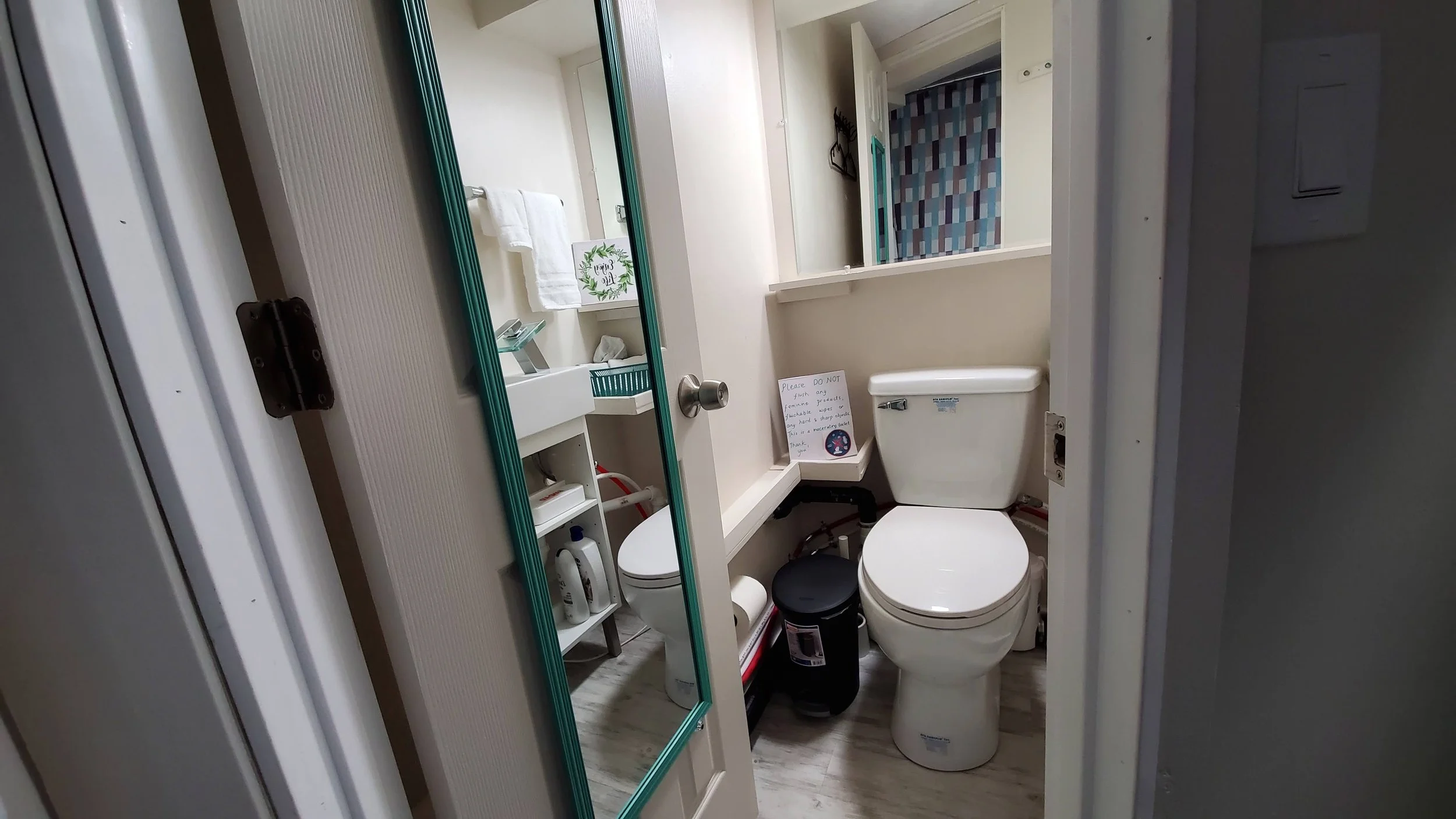 Small bathroom with a white toilet and a mirror reflecting a sink with a towel, shelves with toiletries, and a decorative plant.