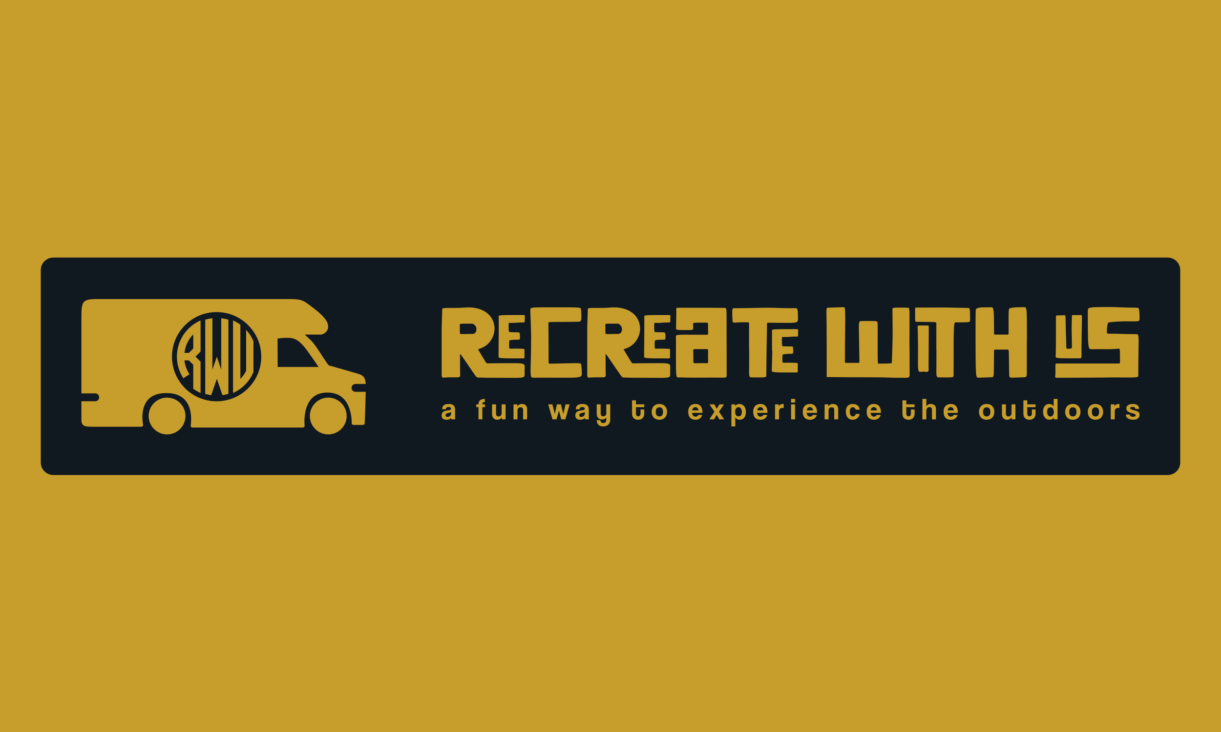 Logo with a black and yellow color scheme featuring a van with a circular logo and the text 'RECREATE WITH US' and the tagline 'a fun way to experience the outdoors'.