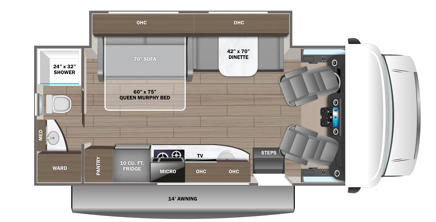 Floor plan of a recreational vehicle with a Queen Murphy Bed, sofa, dinette, shower, toilet, kitchen area, and two seats at the front