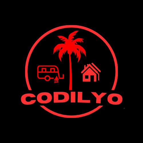 Red logo with a palm tree in the center, a camper trailer and a house on either side, with the text 'CODILYO' below, all enclosed in a circle.